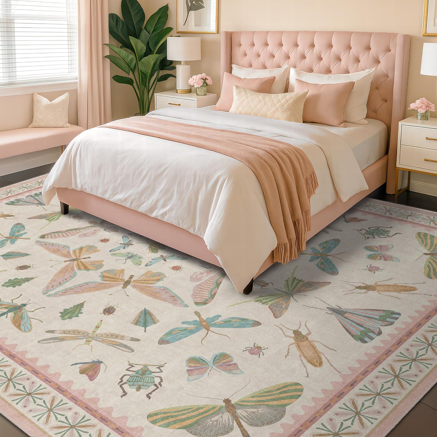 Living Room Rug Black Boho 6x9 - Dining Room Rugs for Under Table, Bedroom, Insect Bug Eclectic Home Décor, Washable Non Slip Foldable