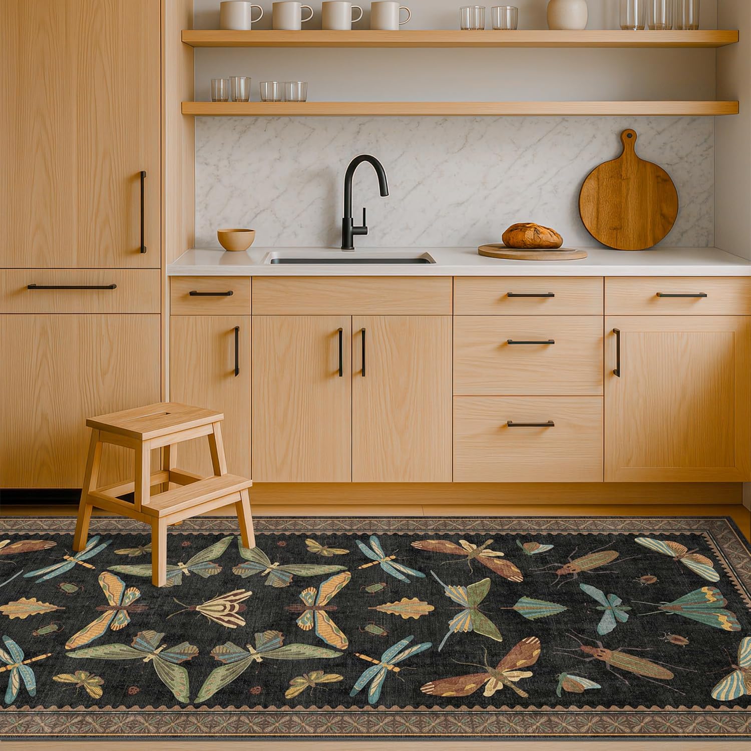 Living Room Rug Black Boho 6x9 - Dining Room Rugs for Under Table, Bedroom, Insect Bug Eclectic Home Décor, Washable Non Slip Foldable