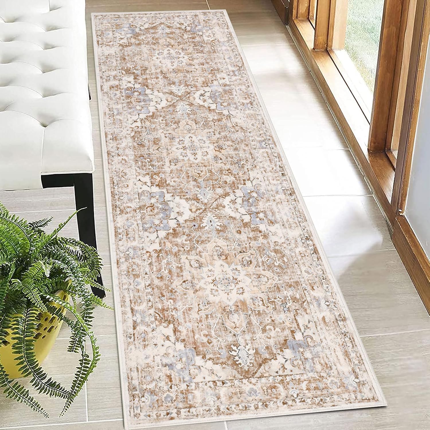 U'Artlines Boho Vintage Area Rug 8x10 Machine Washable Low Pile Soft Floor Carpet Non Slip Non Shedding Accent Rug for Living Room Bedroom Entryway Dining Room Office Cream Tan