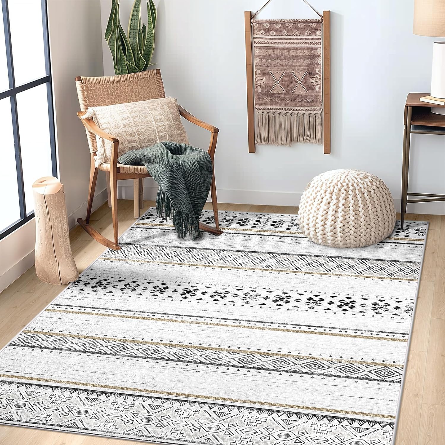 BESTSWEETIE 8x10 Area Rugs for Living Room Washable Moroccan Farmhouse Neutral Geometric Low Pile Non-Slip Soft Print Pattern Rug for Bedroom Kitchen Dining Room Entryway Black/White