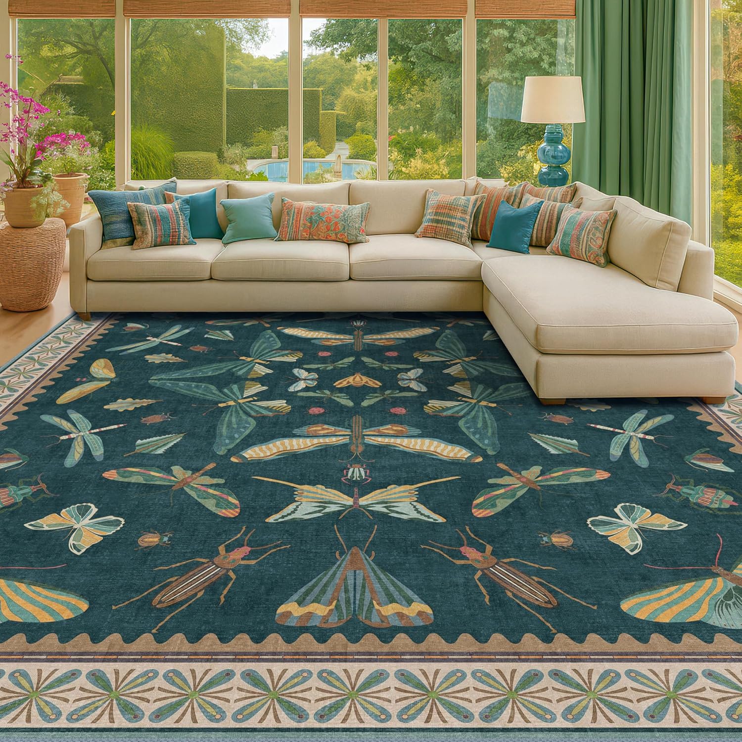 Living Room Rug Black Boho 6x9 - Dining Room Rugs for Under Table, Bedroom, Insect Bug Eclectic Home Décor, Washable Non Slip Foldable