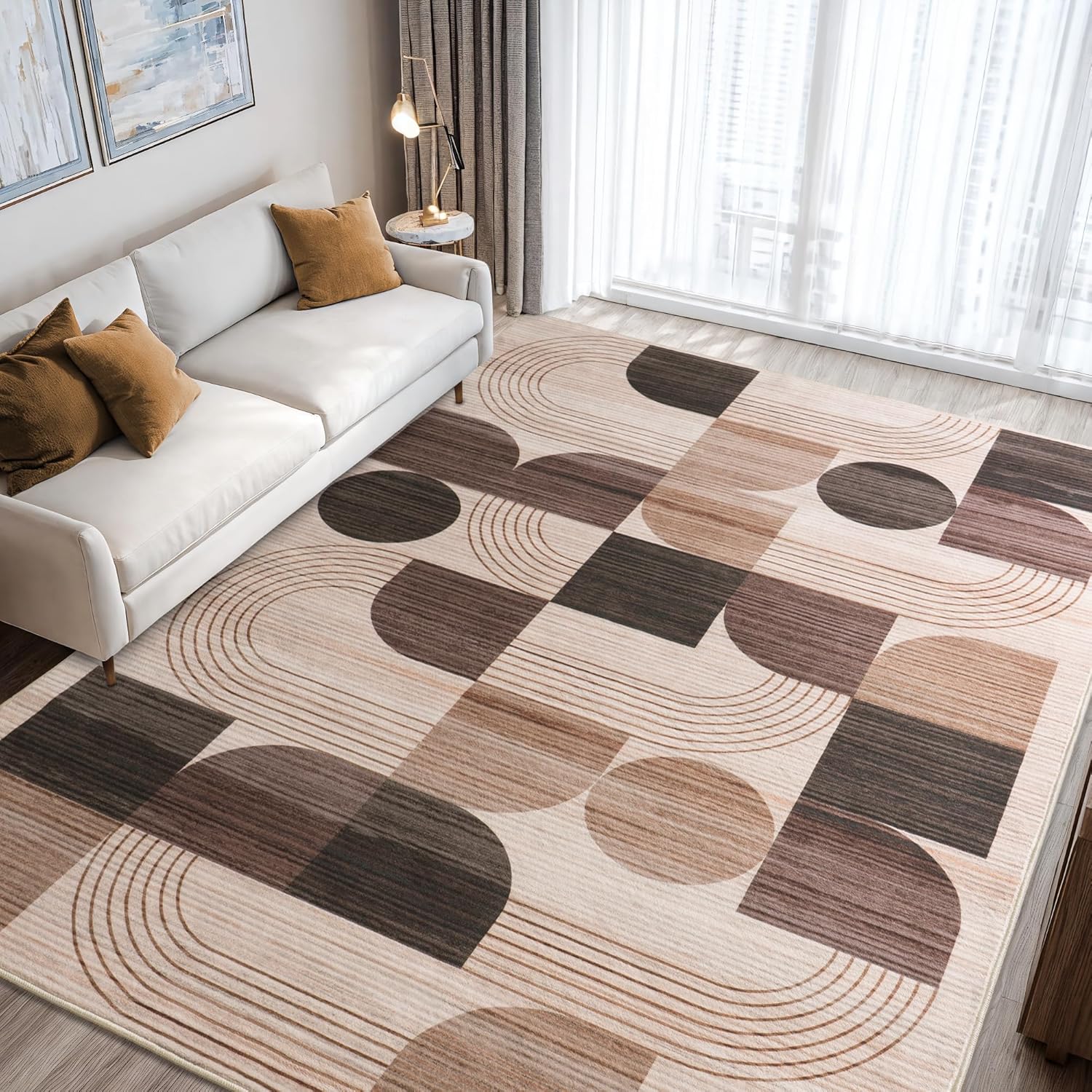 Large Machine Washable 6x9 Area Rug, Soft Modern Geometric Abstract Brown Rugs for Bedroom Living Room, Non-Shedding Faux Wool Indoor Throw Floor Carpet for Office Entryway Dining Room Decor