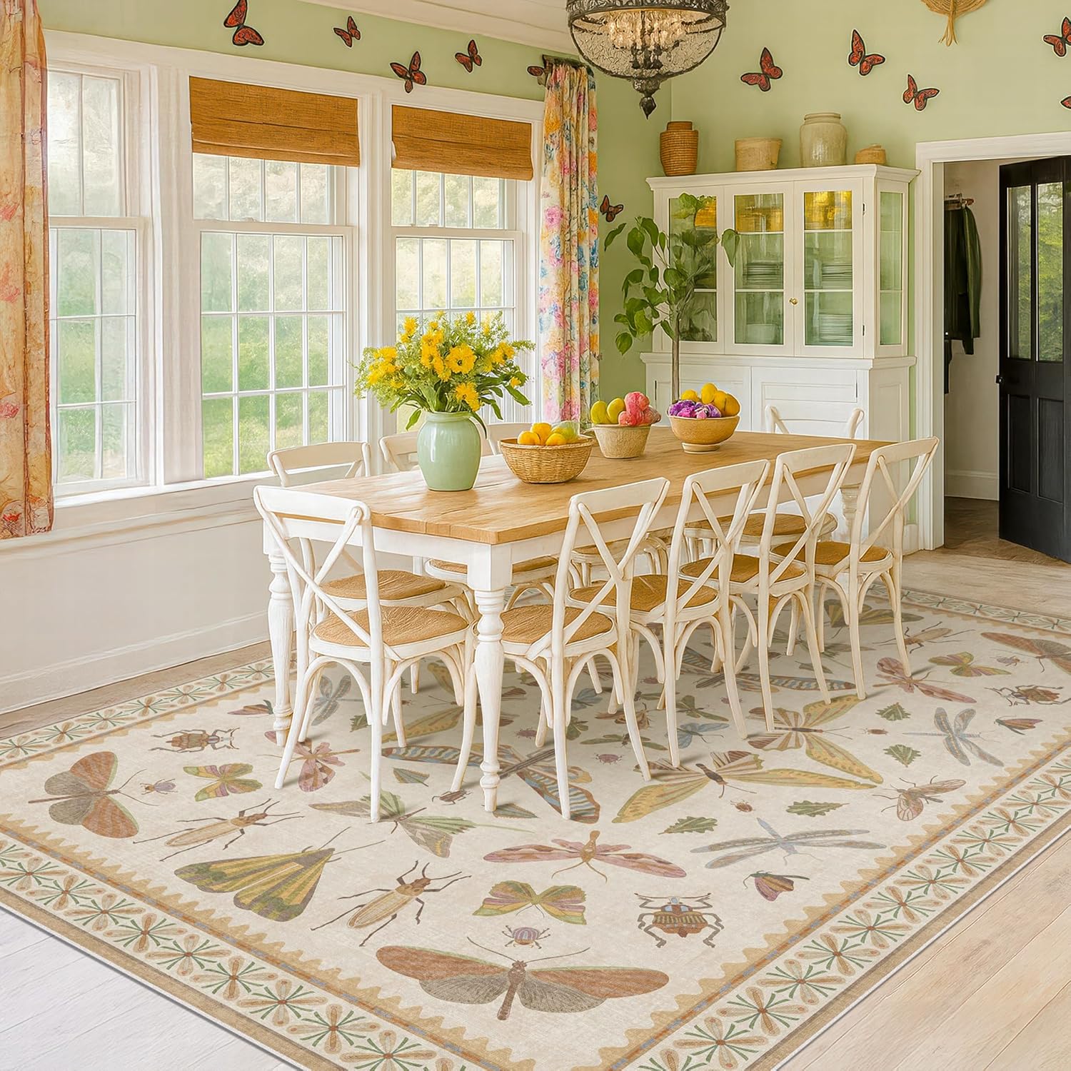 Living Room Rug Black Boho 6x9 - Dining Room Rugs for Under Table, Bedroom, Insect Bug Eclectic Home Décor, Washable Non Slip Foldable