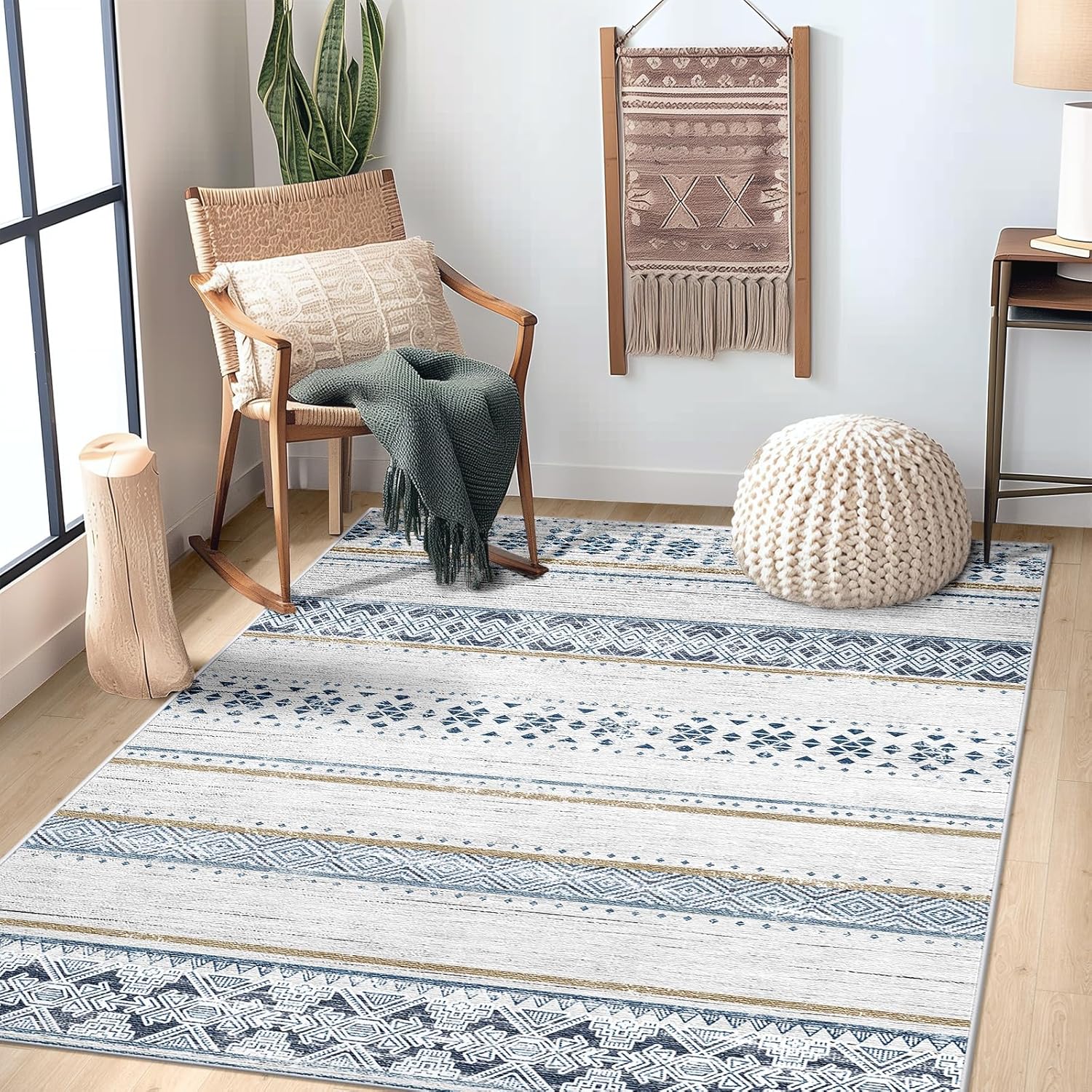 BESTSWEETIE 8x10 Area Rugs for Living Room Washable Moroccan Farmhouse Neutral Geometric Low Pile Non-Slip Soft Print Pattern Rug for Bedroom Kitchen Dining Room Entryway Black/White