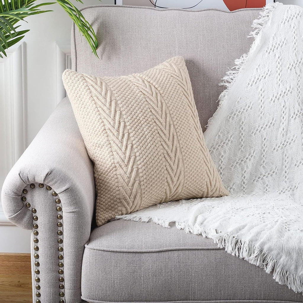 MANDIOO Cotton Knitted Decorative Throw Pillow Covers Soft Cozy Outdoor Cushion Cases Luxury Modern Pillowcases for Couch Sofa Bed 24x24 Inches Beige