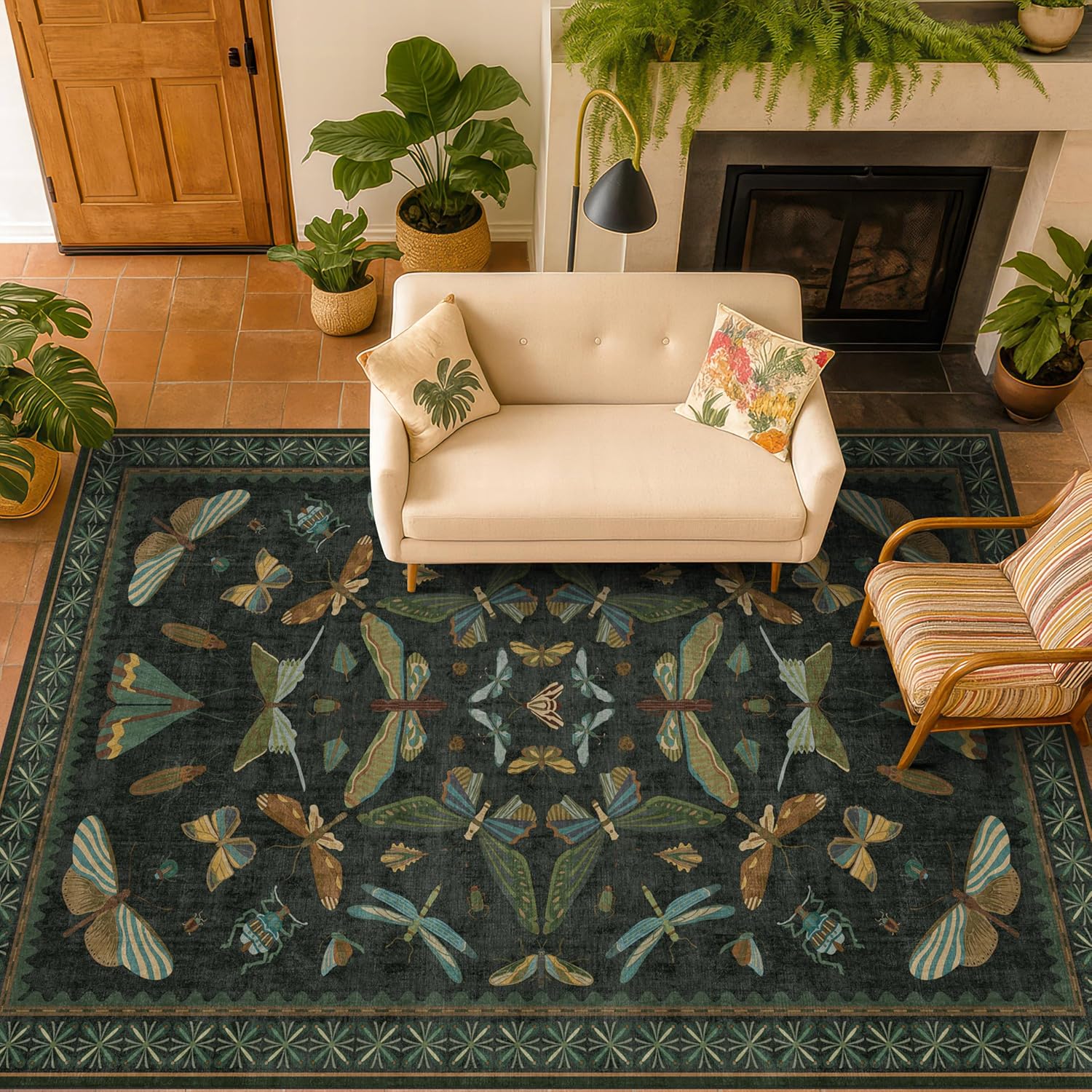 Living Room Rug Black Boho 6x9 - Dining Room Rugs for Under Table, Bedroom, Insect Bug Eclectic Home Décor, Washable Non Slip Foldable