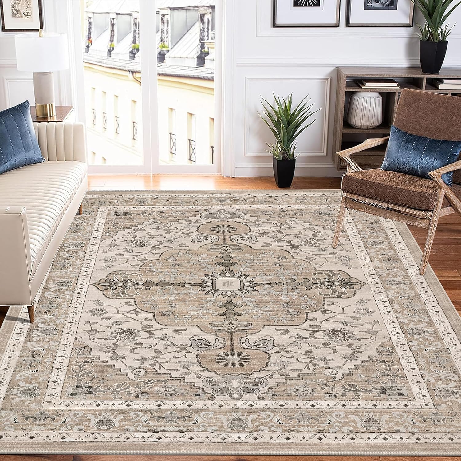 U'Artlines Boho Vintage Area Rug 8x10 Machine Washable Low Pile Soft Floor Carpet Non Slip Non Shedding Accent Rug for Living Room Bedroom Entryway Dining Room Office Cream Tan
