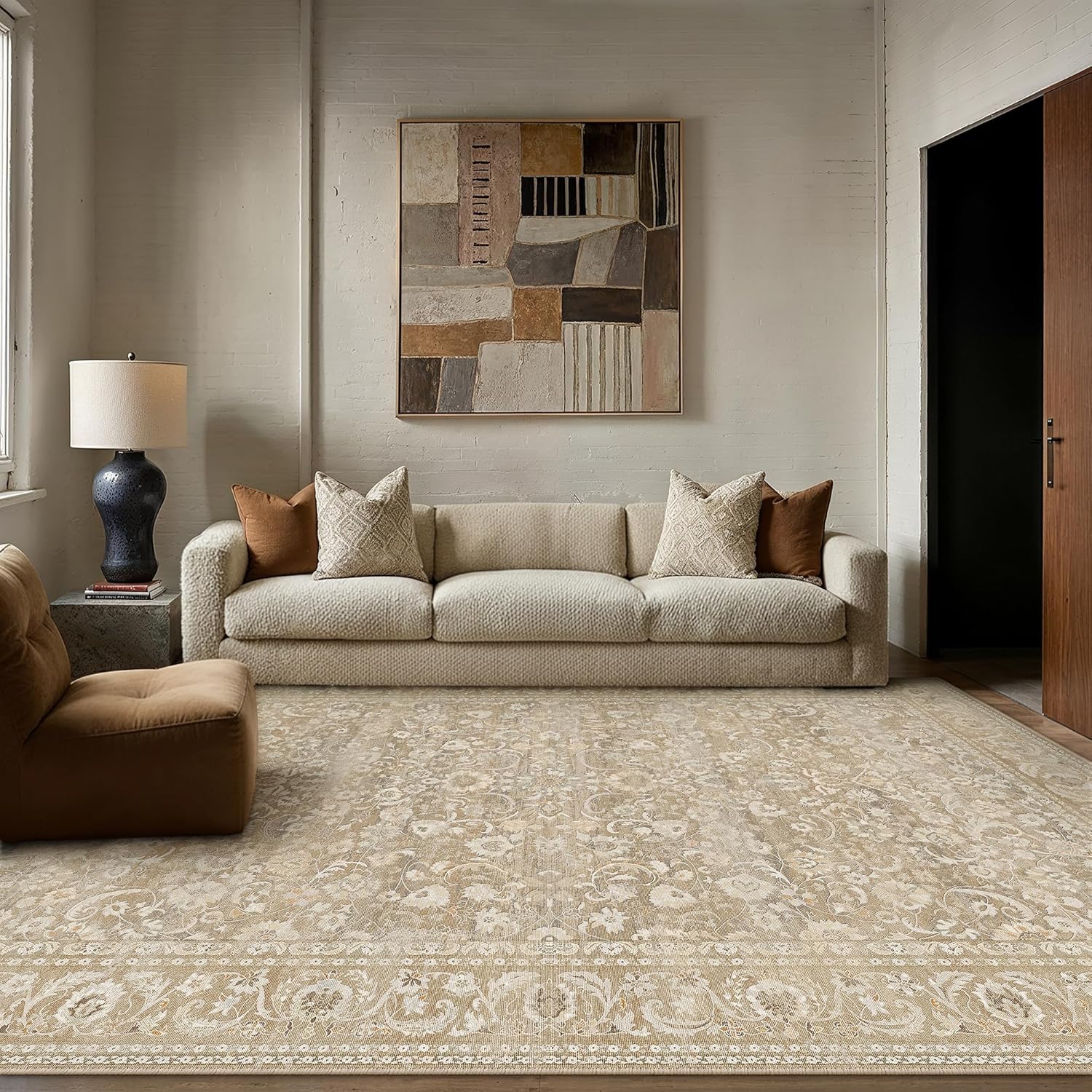 Green 8x10 Area Rug for Living Room Vintage Machine Washable Large Rug Non-Slip Soft Low Pile Carpet Floral Stain Resistant Indoor Office Throw Rug for Bedroom Dining Room Nursery