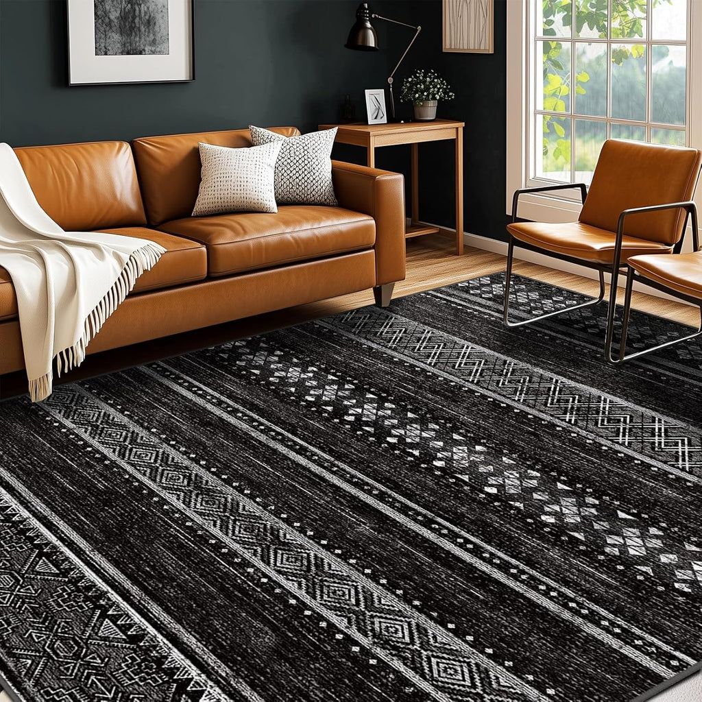 BESTSWEETIE 8x10 Area Rugs for Living Room Washable Moroccan Farmhouse Neutral Geometric Low Pile Non-Slip Soft Print Pattern Rug for Bedroom Kitchen Dining Room Entryway Black/White
