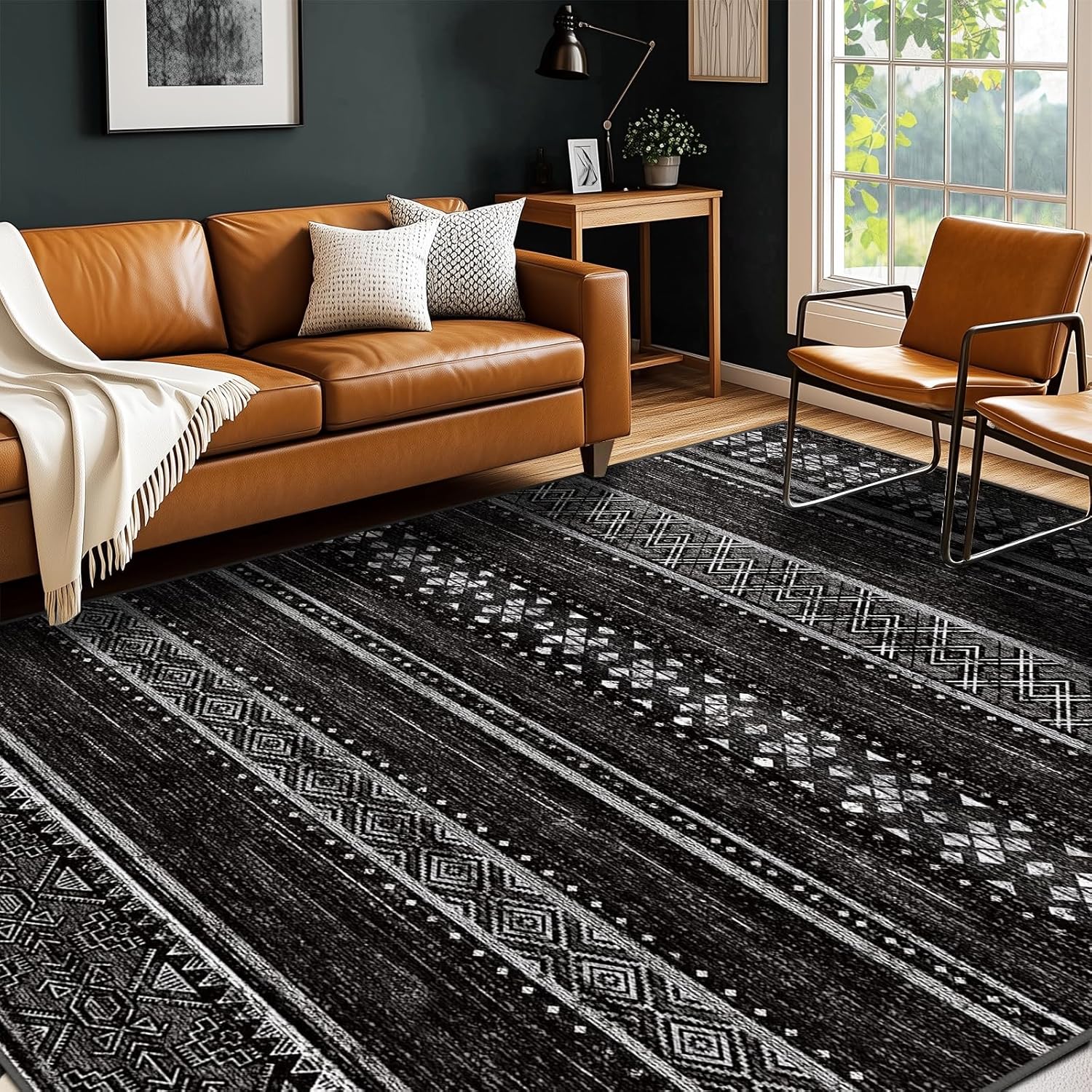 BESTSWEETIE 8x10 Area Rugs for Living Room Washable Moroccan Farmhouse Neutral Geometric Low Pile Non-Slip Soft Print Pattern Rug for Bedroom Kitchen Dining Room Entryway Black/White