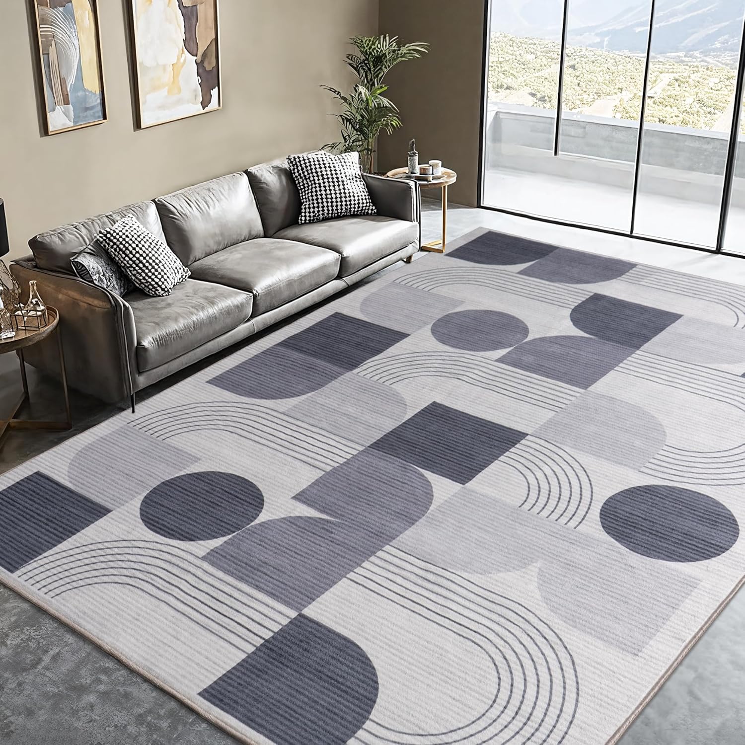 Large Machine Washable 6x9 Area Rug, Soft Modern Geometric Abstract Brown Rugs for Bedroom Living Room, Non-Shedding Faux Wool Indoor Throw Floor Carpet for Office Entryway Dining Room Decor