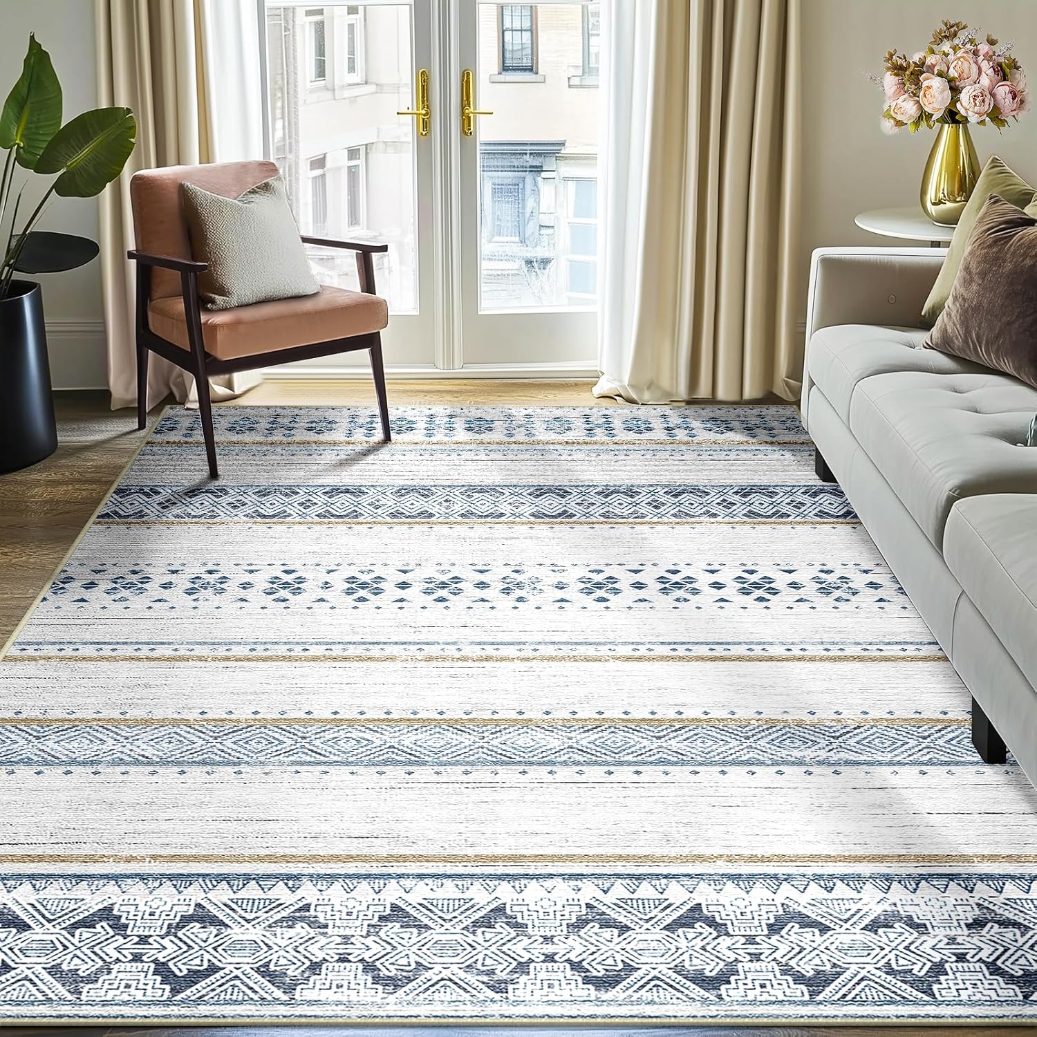 BESTSWEETIE 8x10 Area Rugs for Living Room Washable Moroccan Farmhouse Neutral Geometric Low Pile Non-Slip Soft Print Pattern Rug for Bedroom Kitchen Dining Room Entryway Black/White