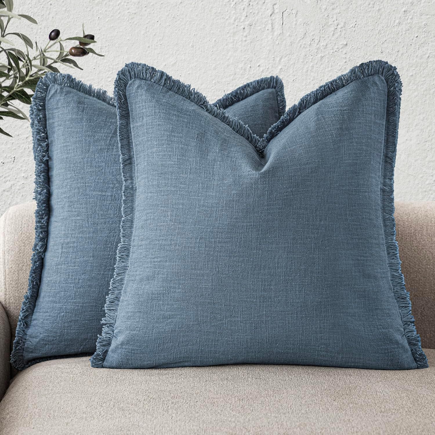 Foindtower Set of 2 Decorative Linen Fringe Throw Pillow Covers Cozy Boho Farmhouse Cushion Cover with Tassels Soft Accent Pillowcase for Couch Sofa Living Room Home Decor, 26×26 Inch, Natural Beige