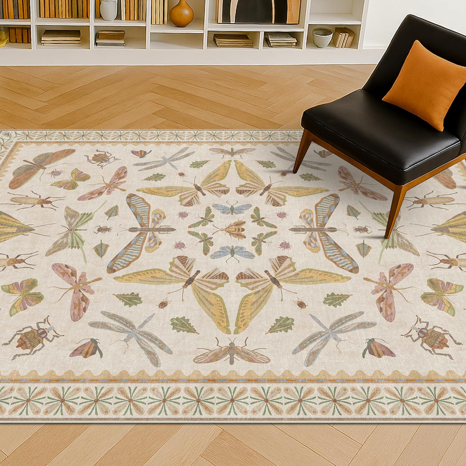 Living Room Rug Black Boho 6x9 - Dining Room Rugs for Under Table, Bedroom, Insect Bug Eclectic Home Décor, Washable Non Slip Foldable