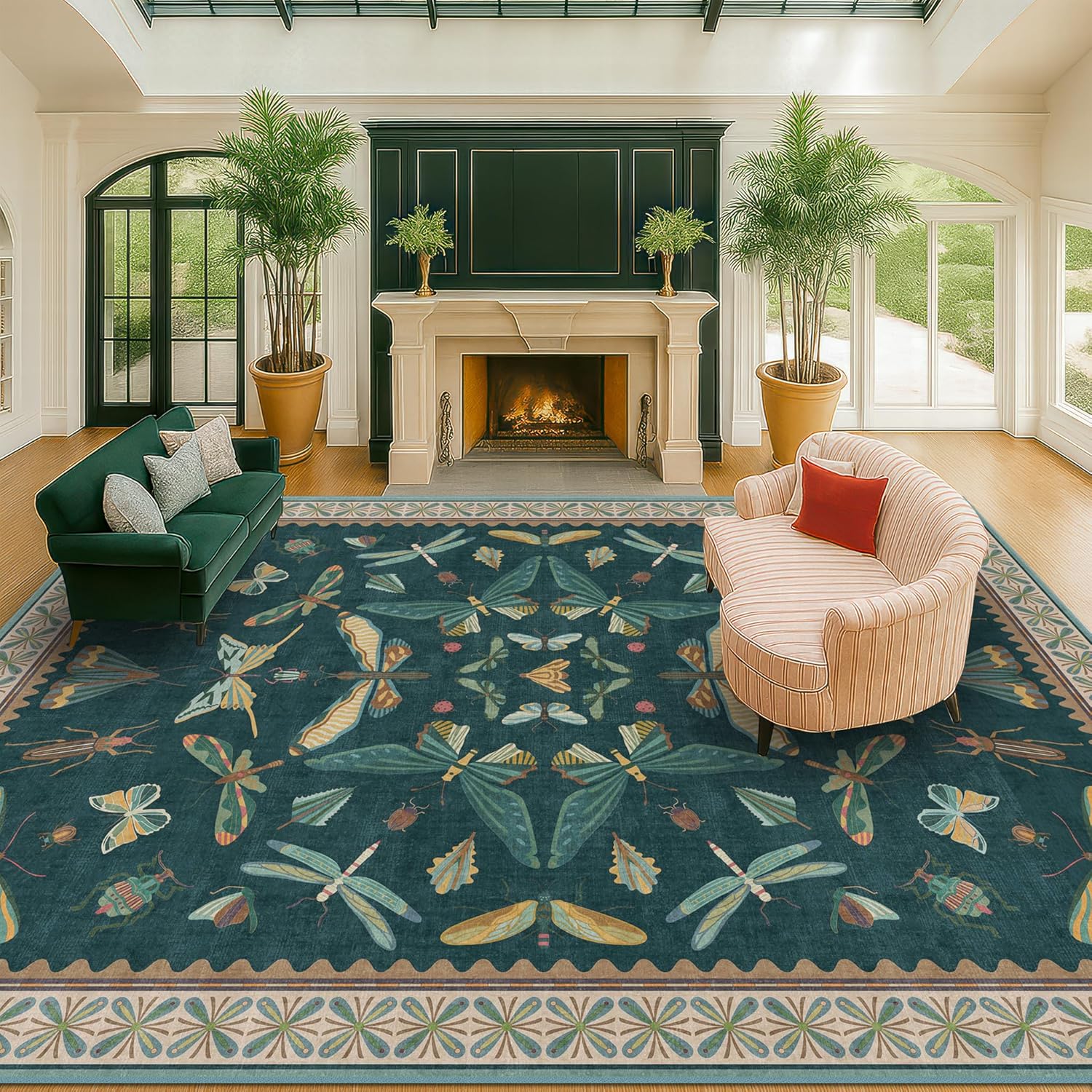 Living Room Rug Black Boho 6x9 - Dining Room Rugs for Under Table, Bedroom, Insect Bug Eclectic Home Décor, Washable Non Slip Foldable