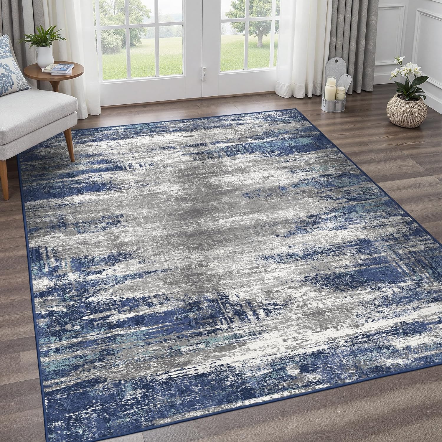 Machine Washable Rug 8x10 Area Rugs for Living Room Bedroom, Large Turquoise Abstract Area Rug Soft Throw Rugs, Low-Pile Floor Carpet with Non Slip Rubber Backing