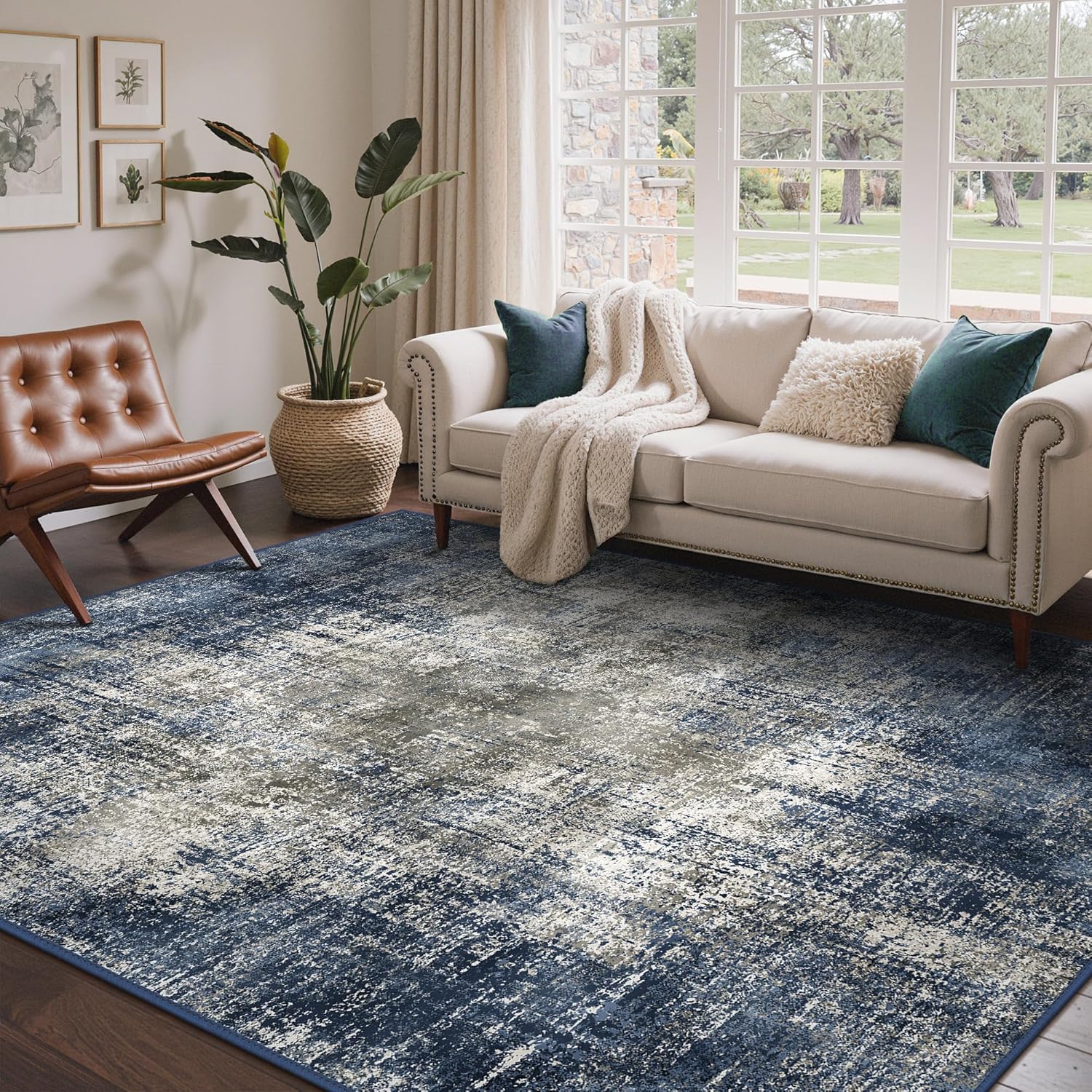 Machine Washable Rug 8x10 Area Rugs for Living Room Bedroom, Large Turquoise Abstract Area Rug Soft Throw Rugs, Low-Pile Floor Carpet with Non Slip Rubber Backing