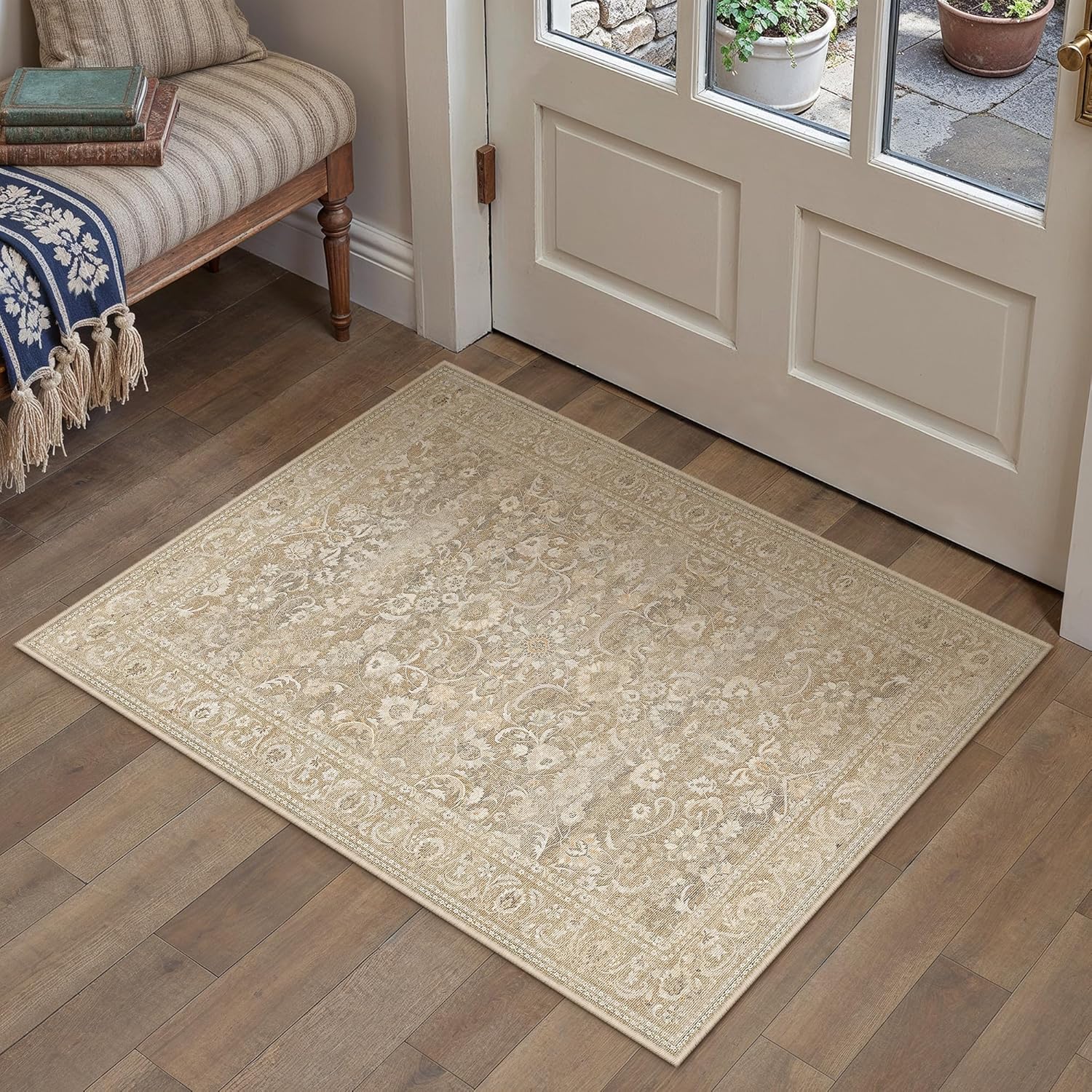 Green 8x10 Area Rug for Living Room Vintage Machine Washable Large Rug Non-Slip Soft Low Pile Carpet Floral Stain Resistant Indoor Office Throw Rug for Bedroom Dining Room Nursery