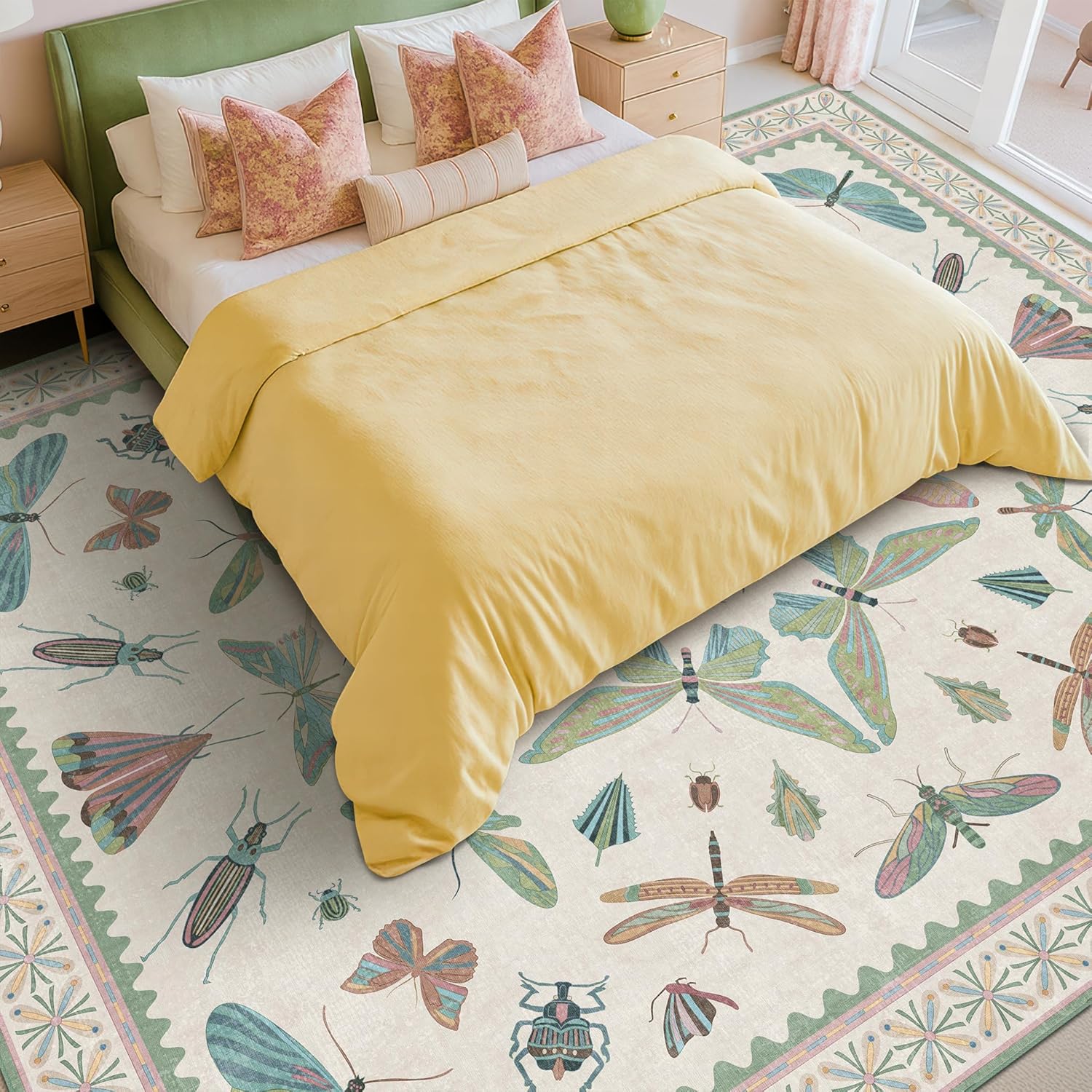 Living Room Rug Black Boho 6x9 - Dining Room Rugs for Under Table, Bedroom, Insect Bug Eclectic Home Décor, Washable Non Slip Foldable