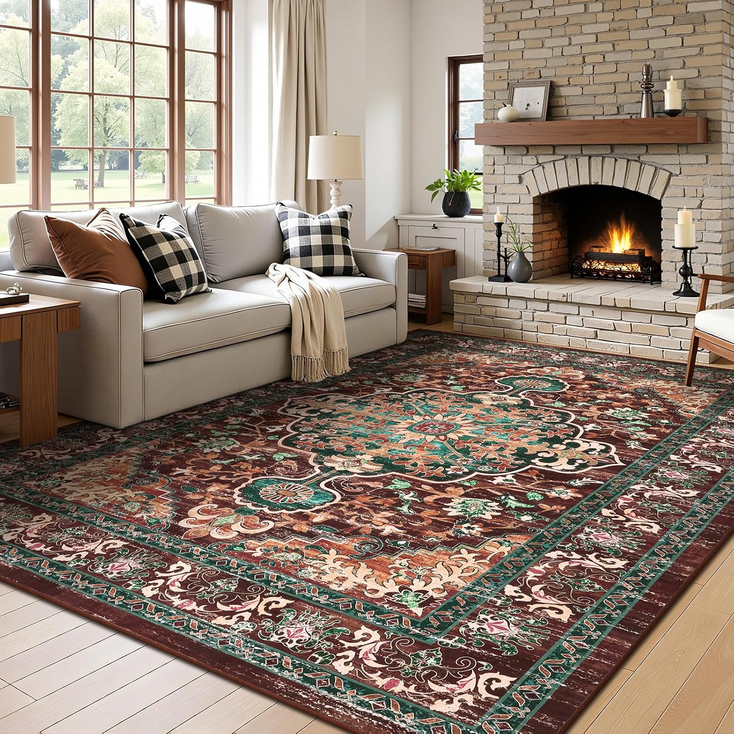 U'Artlines Boho Vintage Area Rug 8x10 Machine Washable Low Pile Soft Floor Carpet Non Slip Non Shedding Accent Rug for Living Room Bedroom Entryway Dining Room Office Cream Tan