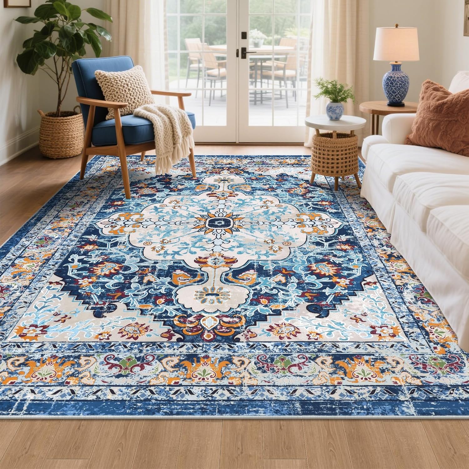 U'Artlines Boho Vintage Area Rug 8x10 Machine Washable Low Pile Soft Floor Carpet Non Slip Non Shedding Accent Rug for Living Room Bedroom Entryway Dining Room Office Cream Tan