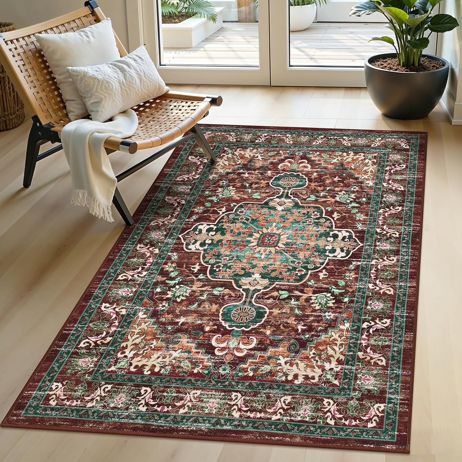 U'Artlines Boho Vintage Area Rug 8x10 Machine Washable Low Pile Soft Floor Carpet Non Slip Non Shedding Accent Rug for Living Room Bedroom Entryway Dining Room Office Cream Tan