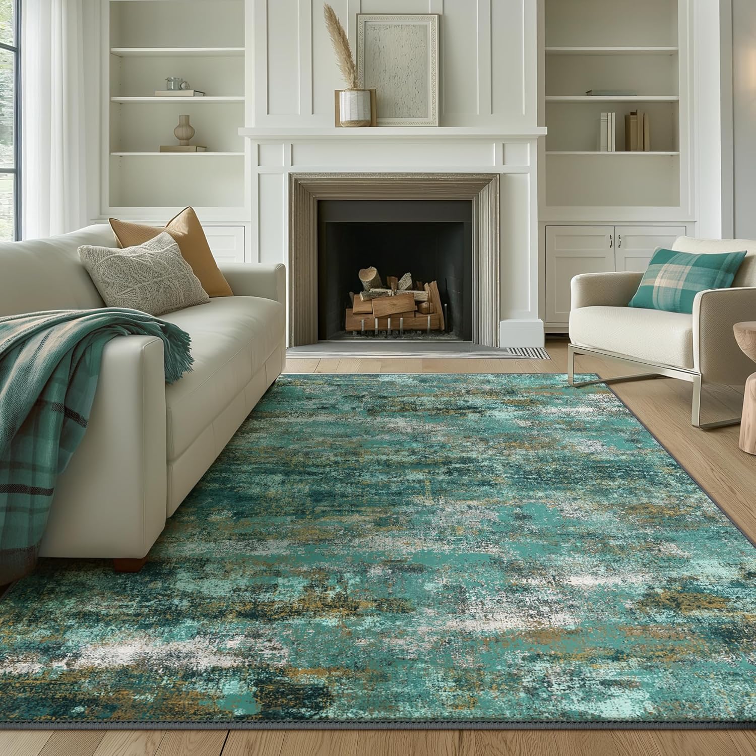 Machine Washable Rug 8x10 Area Rugs for Living Room Bedroom, Large Turquoise Abstract Area Rug Soft Throw Rugs, Low-Pile Floor Carpet with Non Slip Rubber Backing