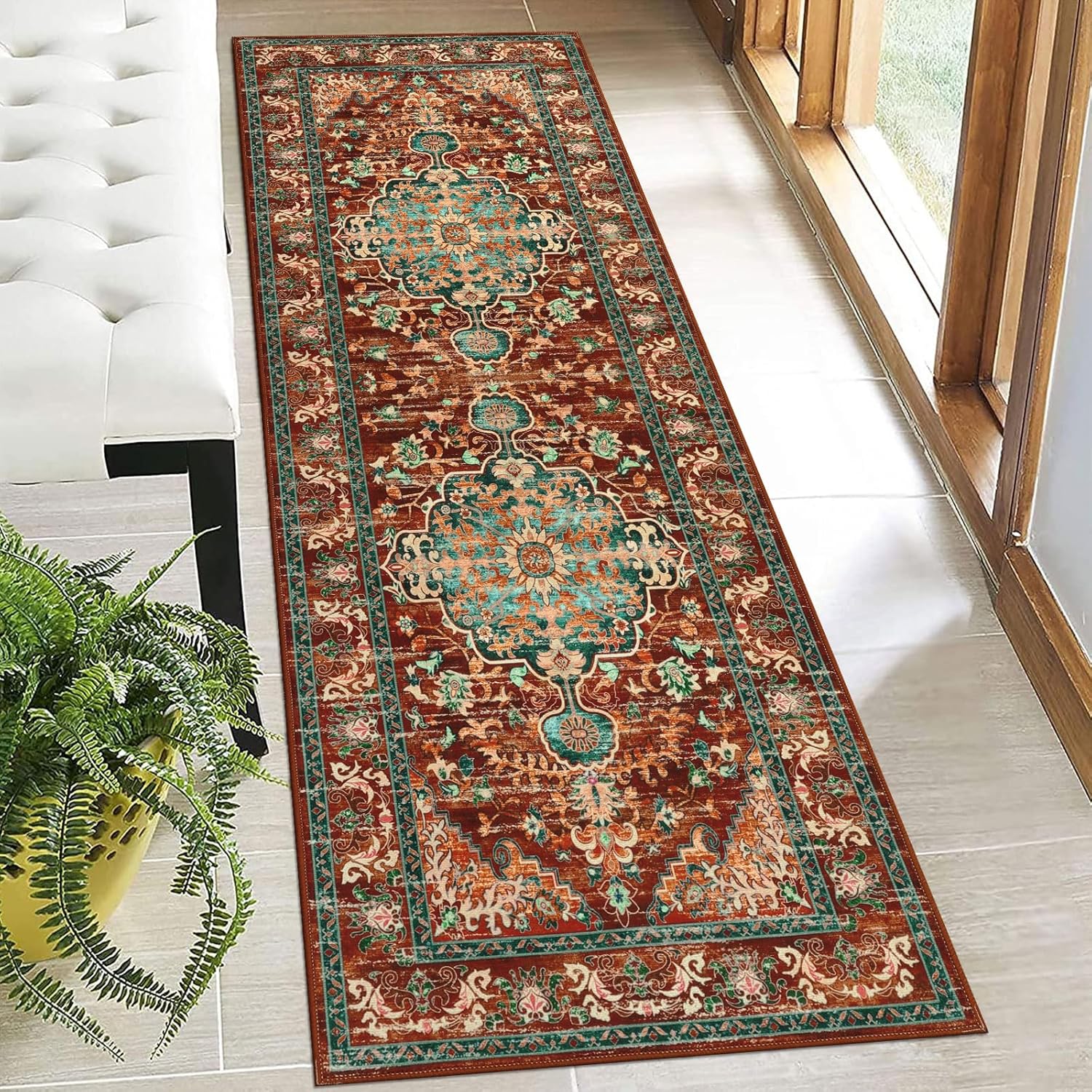 U'Artlines Boho Vintage Area Rug 8x10 Machine Washable Low Pile Soft Floor Carpet Non Slip Non Shedding Accent Rug for Living Room Bedroom Entryway Dining Room Office Cream Tan