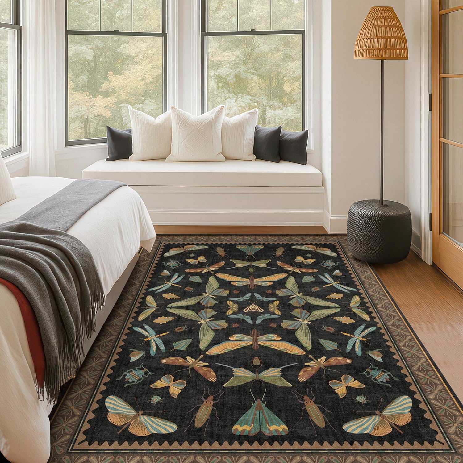 Living Room Rug Black Boho 6x9 - Dining Room Rugs for Under Table, Bedroom, Insect Bug Eclectic Home Décor, Washable Non Slip Foldable