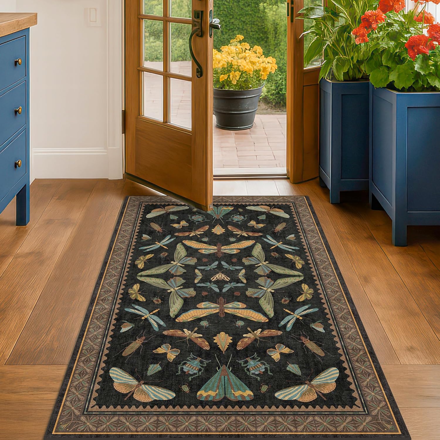 Living Room Rug Black Boho 6x9 - Dining Room Rugs for Under Table, Bedroom, Insect Bug Eclectic Home Décor, Washable Non Slip Foldable