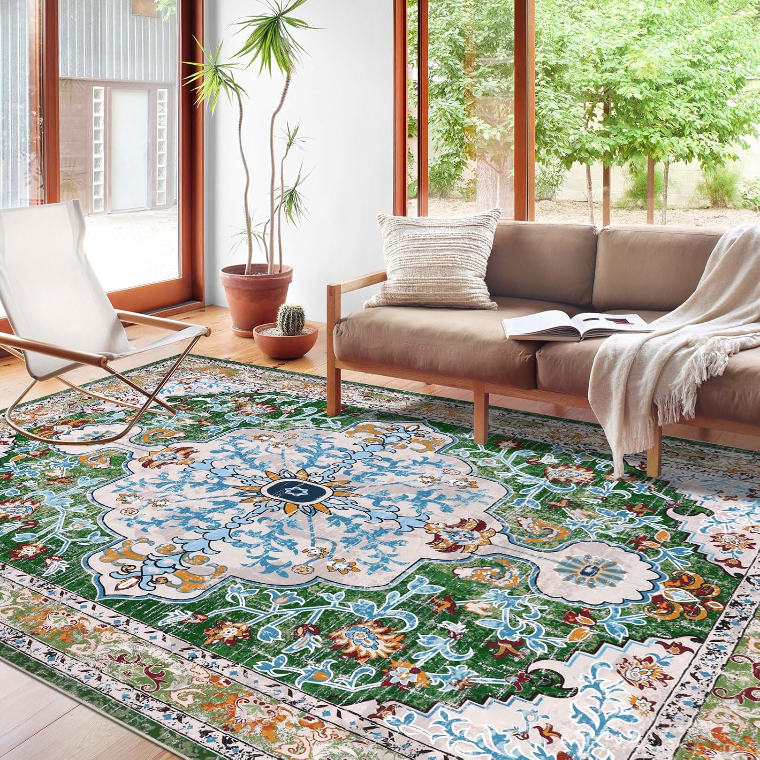 U'Artlines Boho Vintage Area Rug 8x10 Machine Washable Low Pile Soft Floor Carpet Non Slip Non Shedding Accent Rug for Living Room Bedroom Entryway Dining Room Office Cream Tan