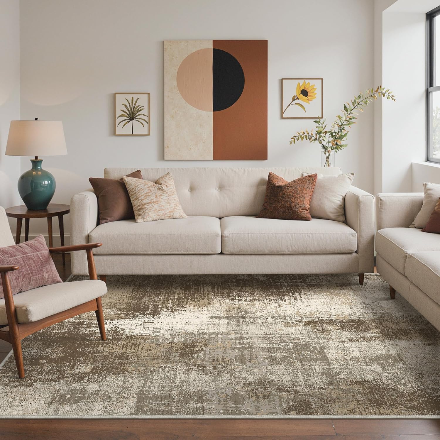 Machine Washable Rug 8x10 Area Rugs for Living Room Bedroom, Large Turquoise Abstract Area Rug Soft Throw Rugs, Low-Pile Floor Carpet with Non Slip Rubber Backing