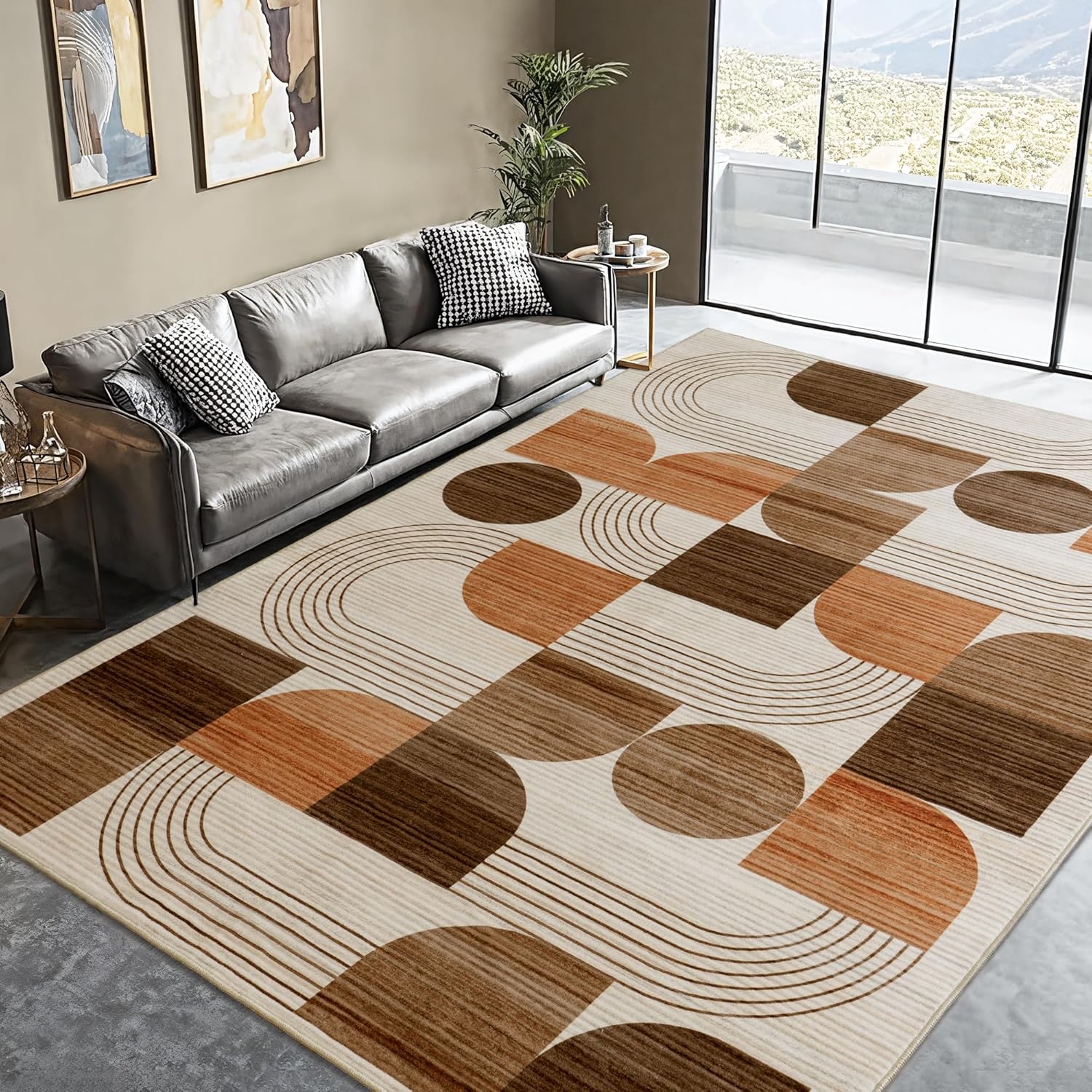 Large Machine Washable 6x9 Area Rug, Soft Modern Geometric Abstract Brown Rugs for Bedroom Living Room, Non-Shedding Faux Wool Indoor Throw Floor Carpet for Office Entryway Dining Room Decor