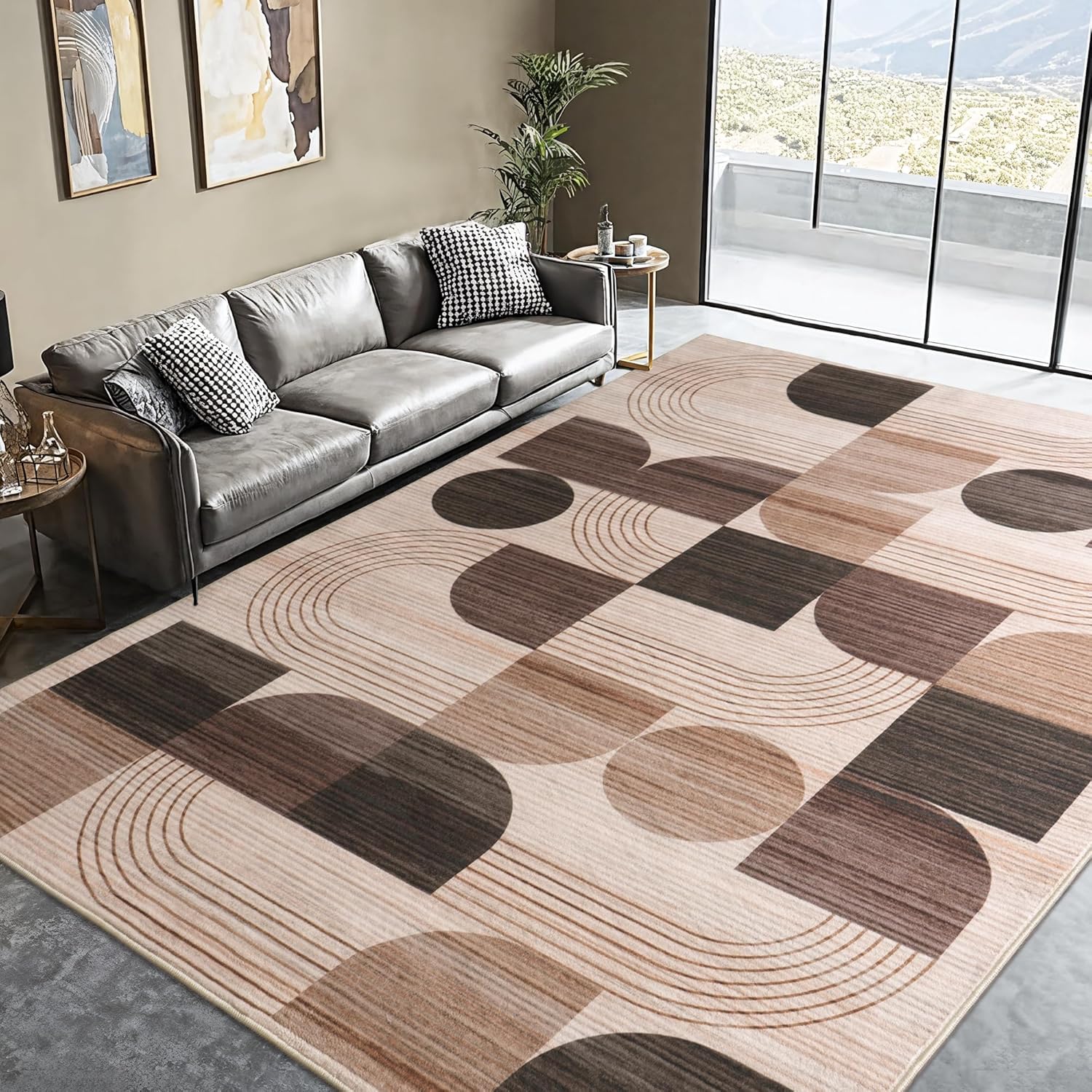 Large Machine Washable 6x9 Area Rug, Soft Modern Geometric Abstract Brown Rugs for Bedroom Living Room, Non-Shedding Faux Wool Indoor Throw Floor Carpet for Office Entryway Dining Room Decor