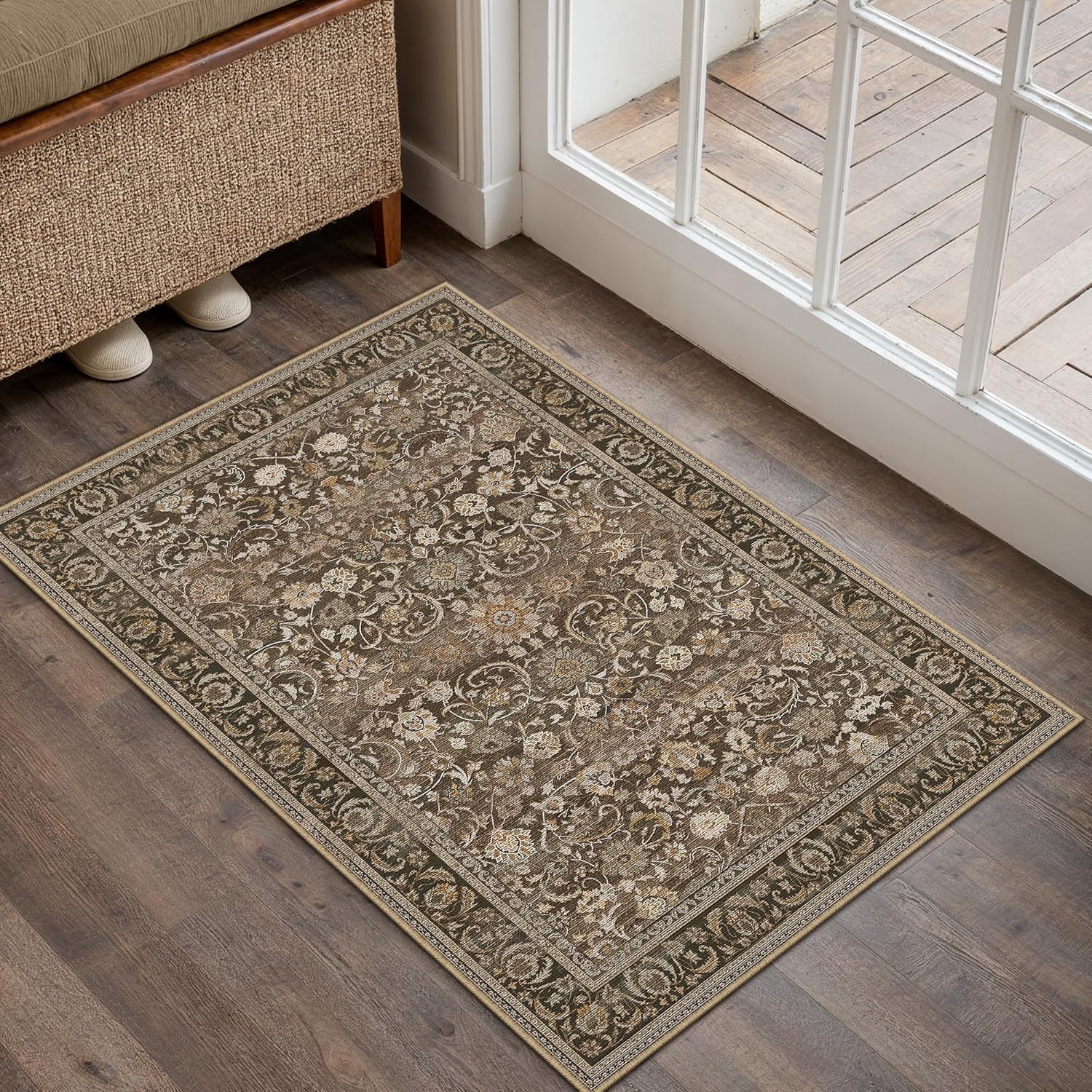 Green 8x10 Area Rug for Living Room Vintage Machine Washable Large Rug Non-Slip Soft Low Pile Carpet Floral Stain Resistant Indoor Office Throw Rug for Bedroom Dining Room Nursery