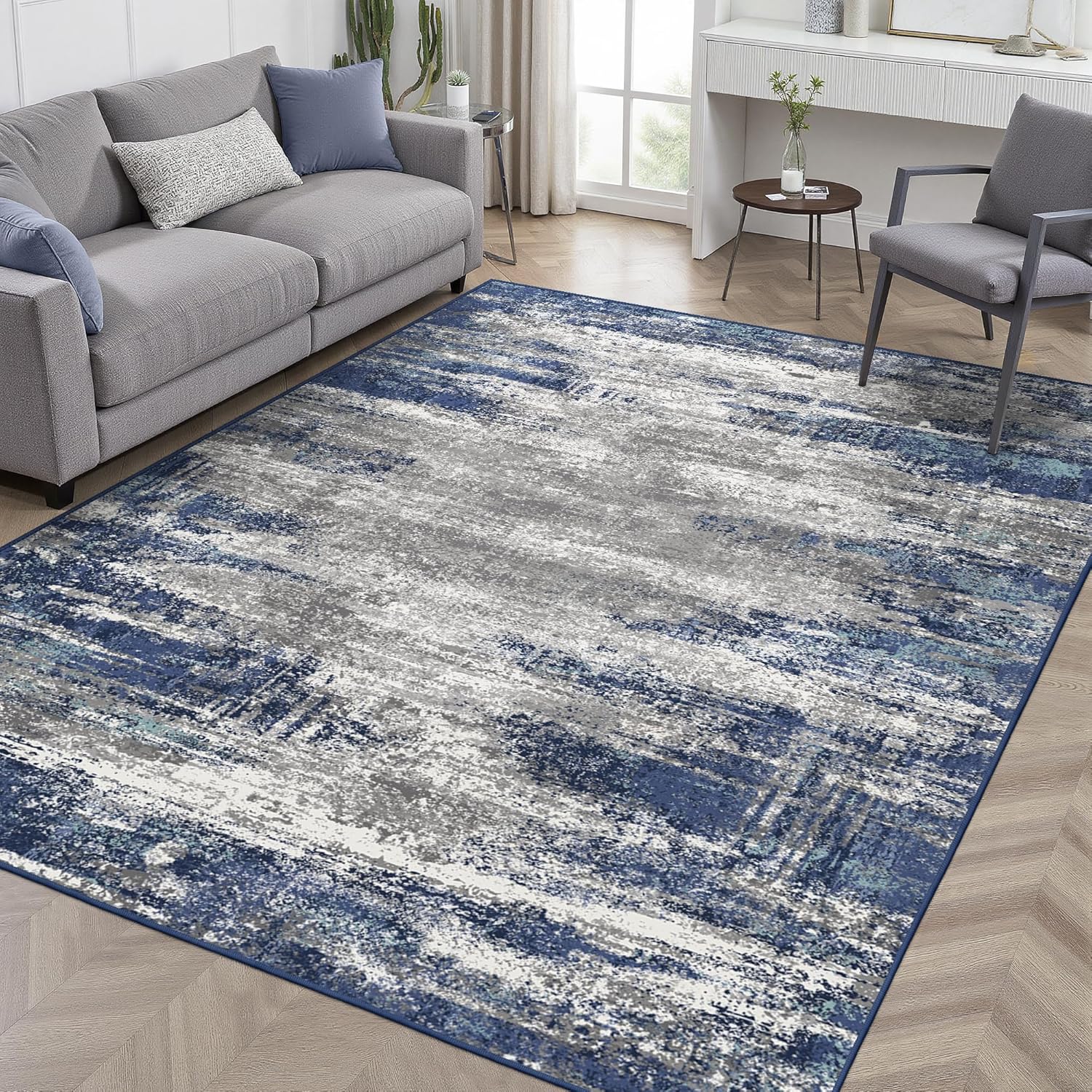 Machine Washable Rug 8x10 Area Rugs for Living Room Bedroom, Large Turquoise Abstract Area Rug Soft Throw Rugs, Low-Pile Floor Carpet with Non Slip Rubber Backing