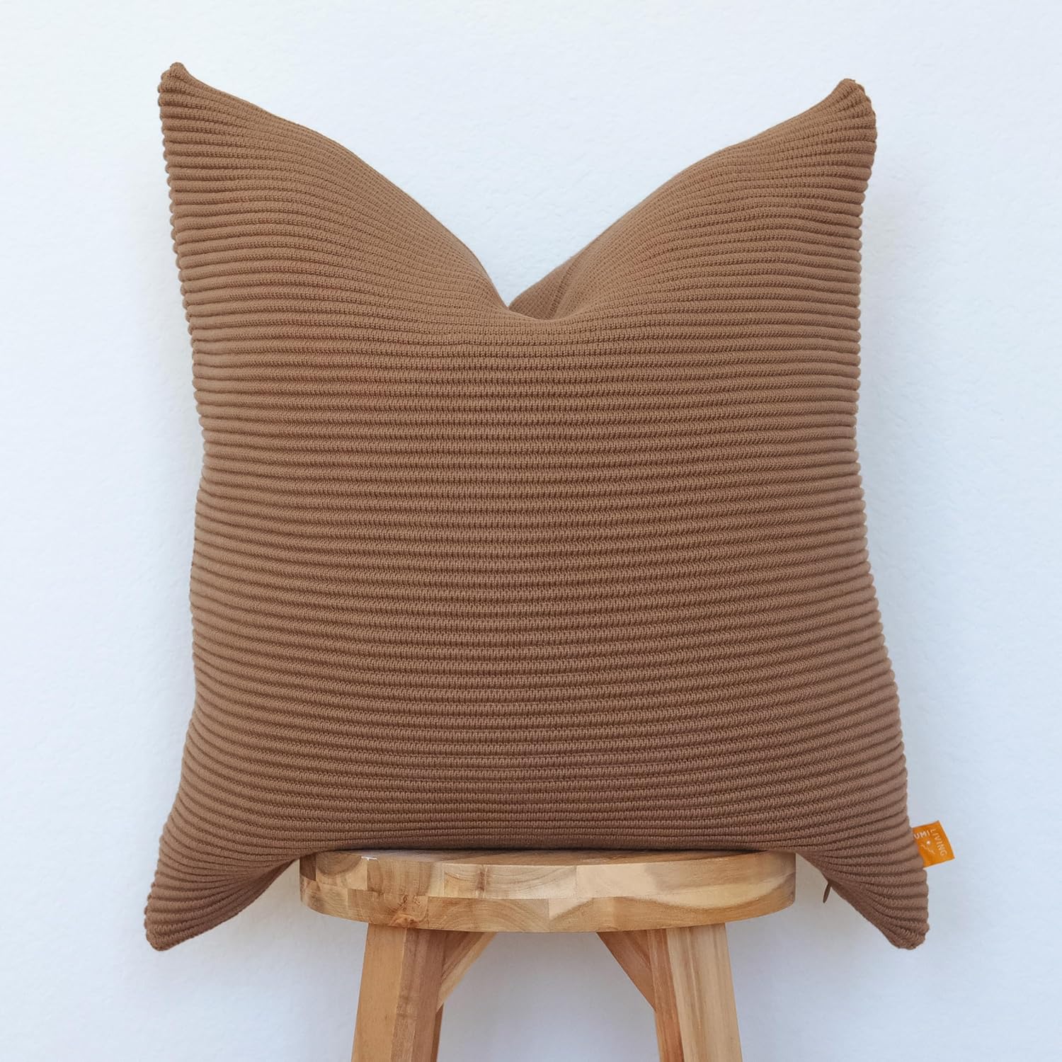 100% Soft Cotton Raised Stripes Textured Rib Knit Throw Pillow Cover (Cacao, 20" x 20")