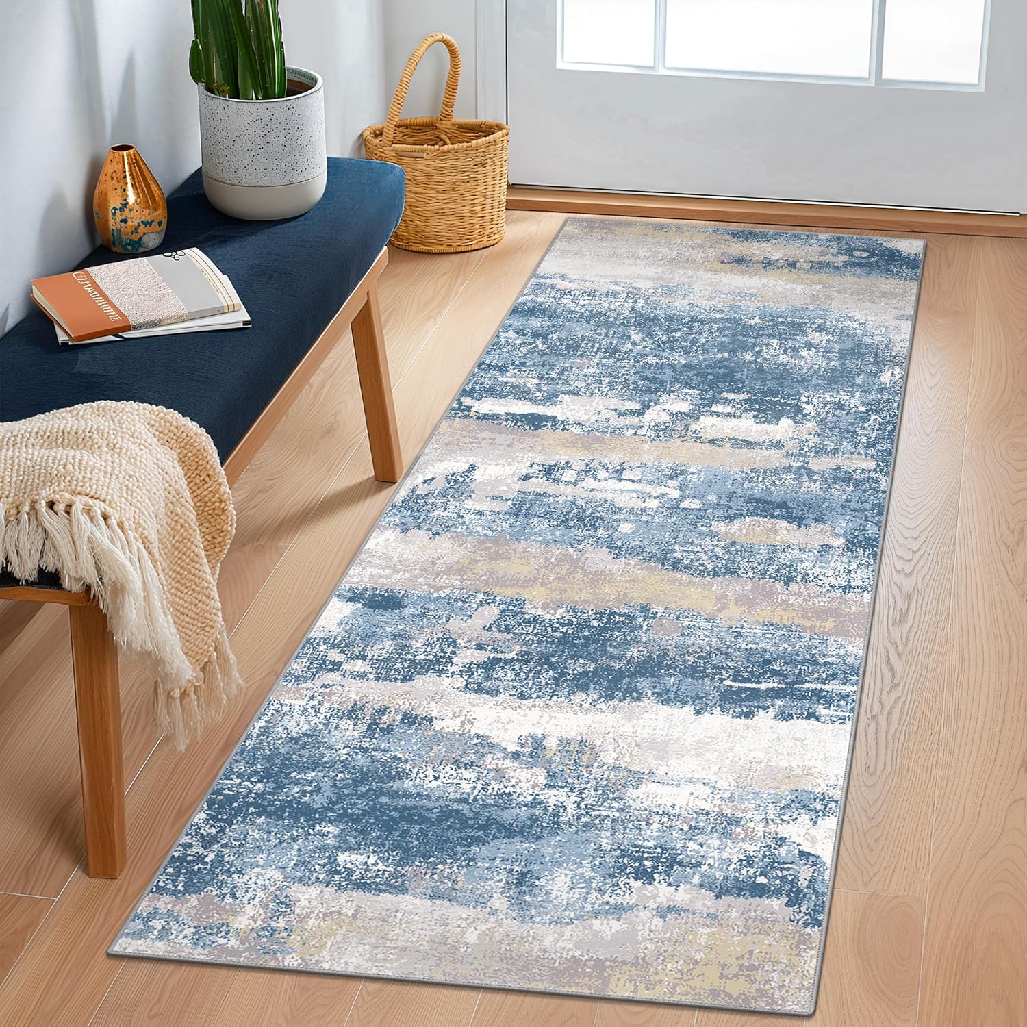 Machine Washable Rug 8x10 Area Rugs for Living Room Bedroom, Large Turquoise Abstract Area Rug Soft Throw Rugs, Low-Pile Floor Carpet with Non Slip Rubber Backing