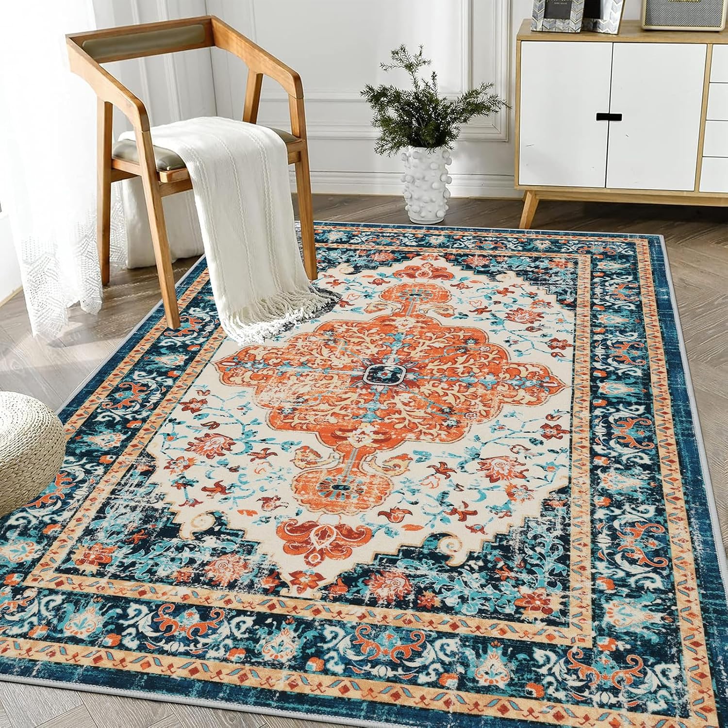 U'Artlines Boho Vintage Area Rug 8x10 Machine Washable Low Pile Soft Floor Carpet Non Slip Non Shedding Accent Rug for Living Room Bedroom Entryway Dining Room Office Cream Tan