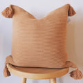 Soft Cotton Throw Pillow Cover in Neutral Beige with Ribbed Knit Texture and Tassel Corners Decorative Accent for Couch or Bed (20x20, Neutral)
