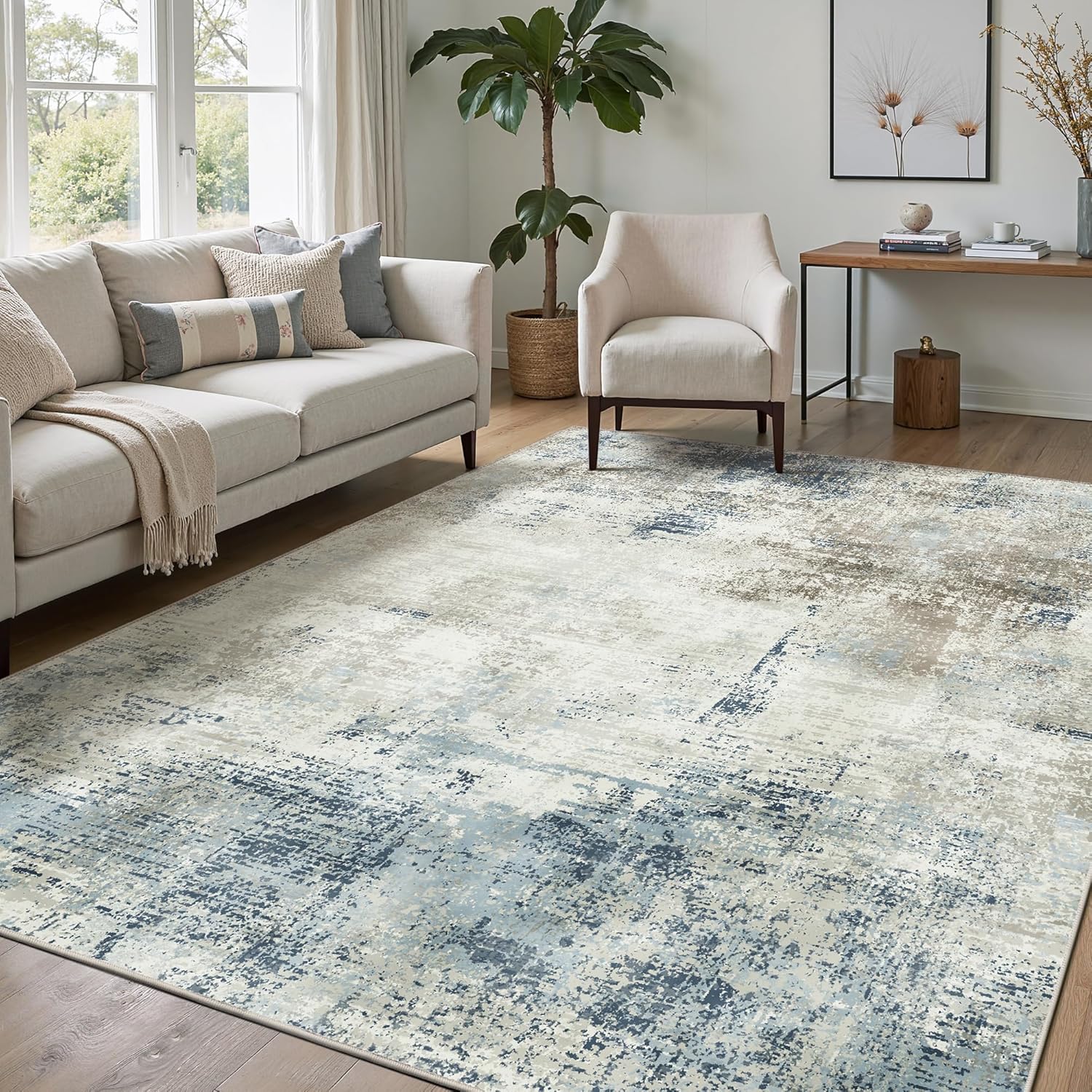 Machine Washable Rug 8x10 Area Rugs for Living Room Bedroom, Large Turquoise Abstract Area Rug Soft Throw Rugs, Low-Pile Floor Carpet with Non Slip Rubber Backing