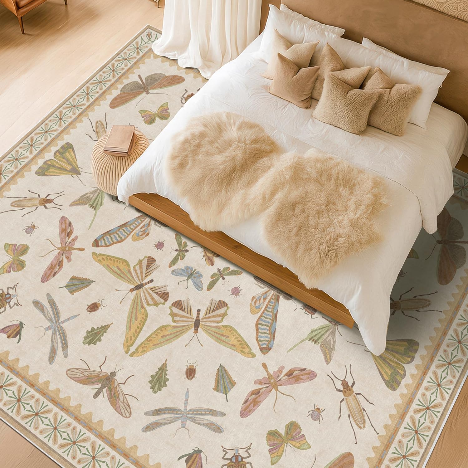 Living Room Rug Black Boho 6x9 - Dining Room Rugs for Under Table, Bedroom, Insect Bug Eclectic Home Décor, Washable Non Slip Foldable