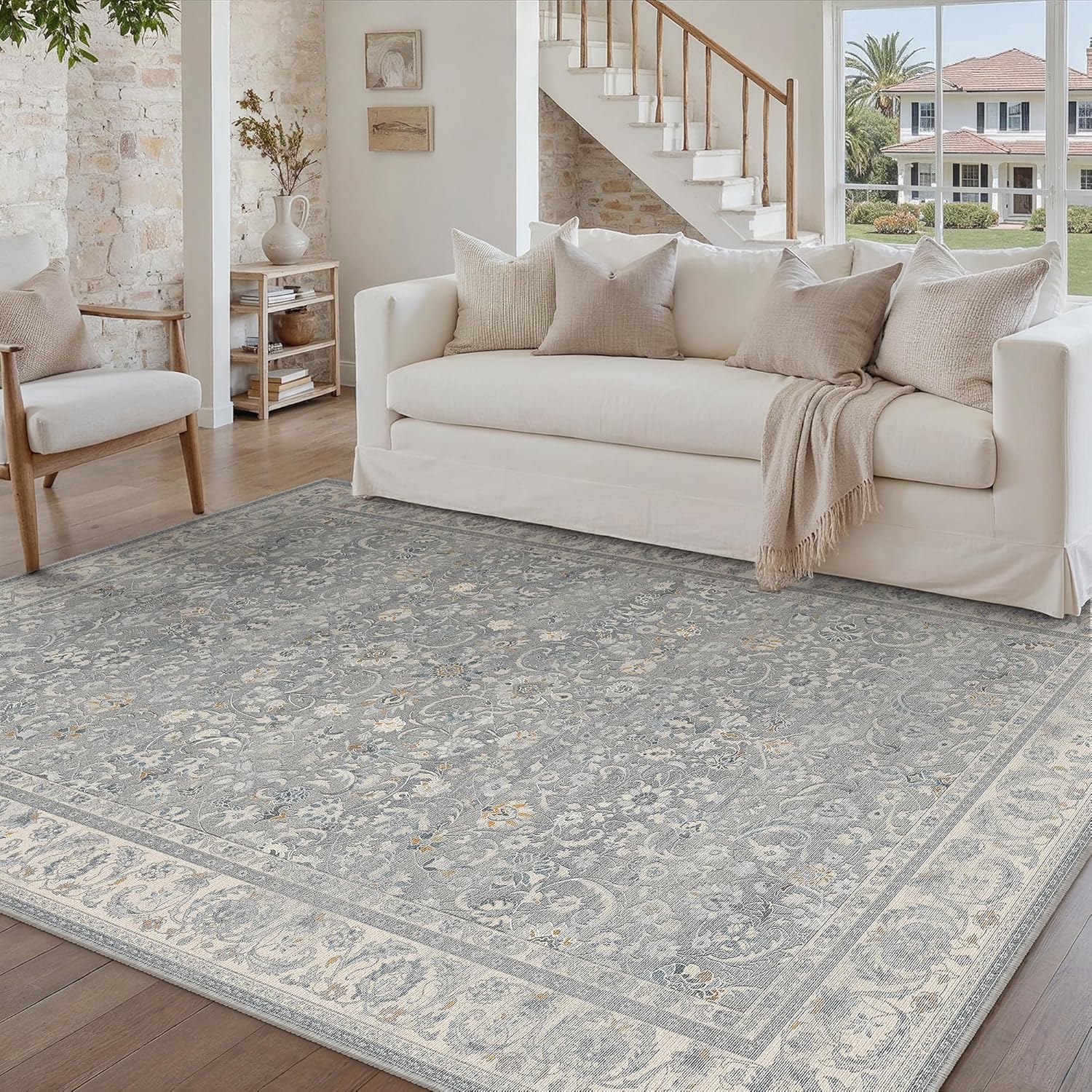 Green 8x10 Area Rug for Living Room Vintage Machine Washable Large Rug Non-Slip Soft Low Pile Carpet Floral Stain Resistant Indoor Office Throw Rug for Bedroom Dining Room Nursery