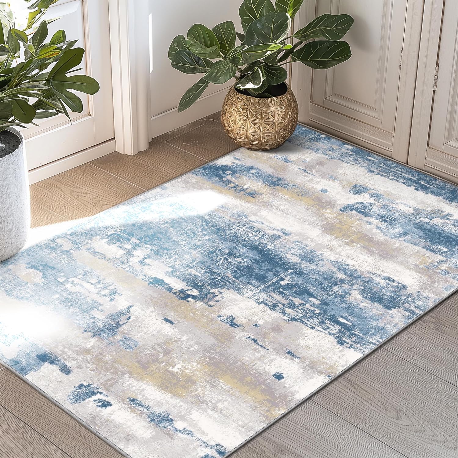 Machine Washable Rug 8x10 Area Rugs for Living Room Bedroom, Large Turquoise Abstract Area Rug Soft Throw Rugs, Low-Pile Floor Carpet with Non Slip Rubber Backing