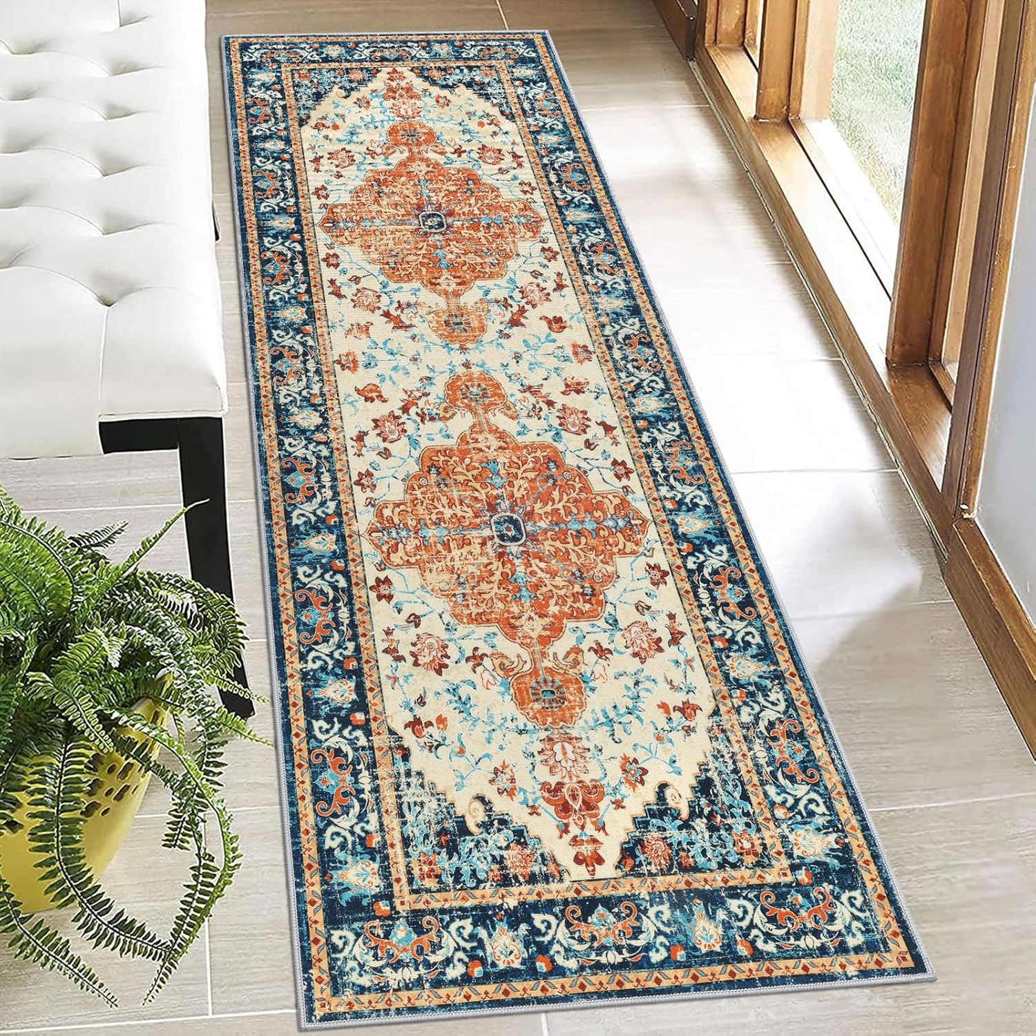 U'Artlines Boho Vintage Area Rug 8x10 Machine Washable Low Pile Soft Floor Carpet Non Slip Non Shedding Accent Rug for Living Room Bedroom Entryway Dining Room Office Cream Tan