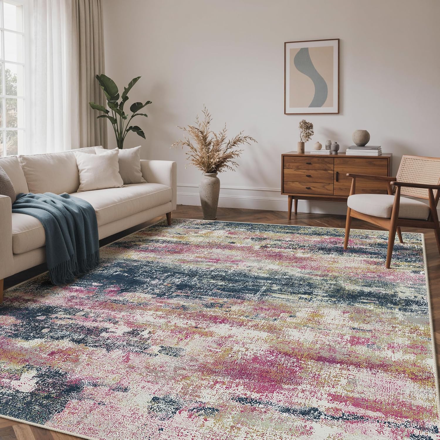 Machine Washable Rug 8x10 Area Rugs for Living Room Bedroom, Large Turquoise Abstract Area Rug Soft Throw Rugs, Low-Pile Floor Carpet with Non Slip Rubber Backing