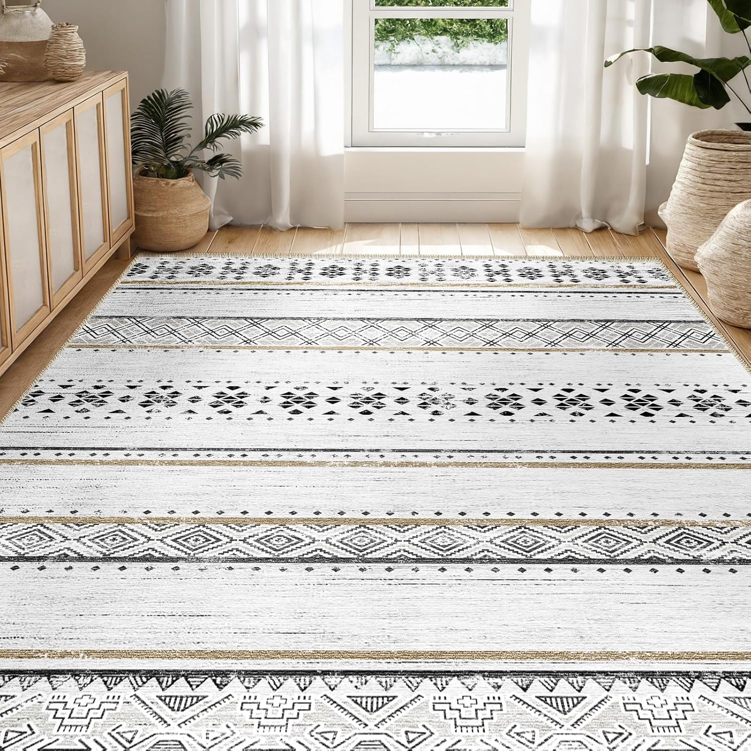 BESTSWEETIE 8x10 Area Rugs for Living Room Washable Moroccan Farmhouse Neutral Geometric Low Pile Non-Slip Soft Print Pattern Rug for Bedroom Kitchen Dining Room Entryway Black/White