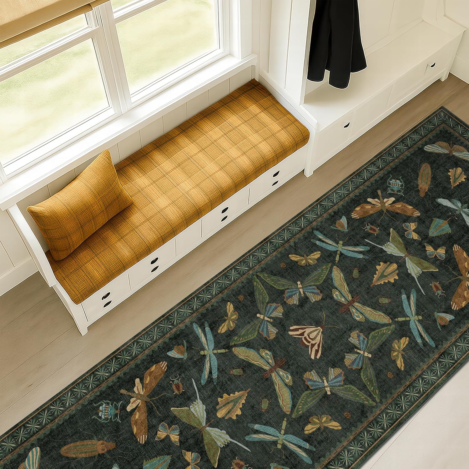 Living Room Rug Black Boho 6x9 - Dining Room Rugs for Under Table, Bedroom, Insect Bug Eclectic Home Décor, Washable Non Slip Foldable