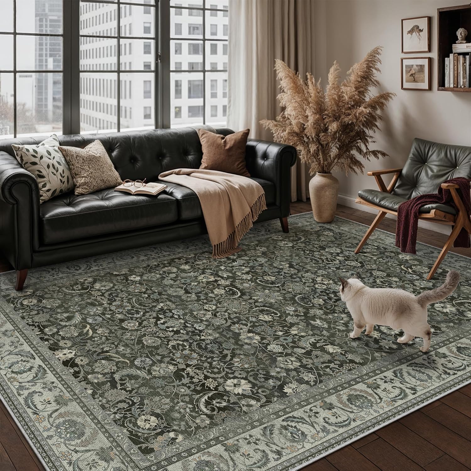 Green 8x10 Area Rug for Living Room Vintage Machine Washable Large Rug Non-Slip Soft Low Pile Carpet Floral Stain Resistant Indoor Office Throw Rug for Bedroom Dining Room Nursery