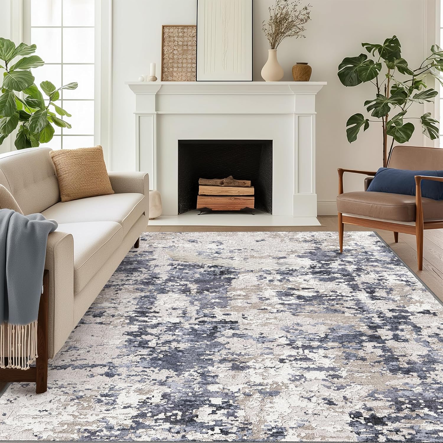 Machine Washable Rug 8x10 Area Rugs for Living Room Bedroom, Large Turquoise Abstract Area Rug Soft Throw Rugs, Low-Pile Floor Carpet with Non Slip Rubber Backing